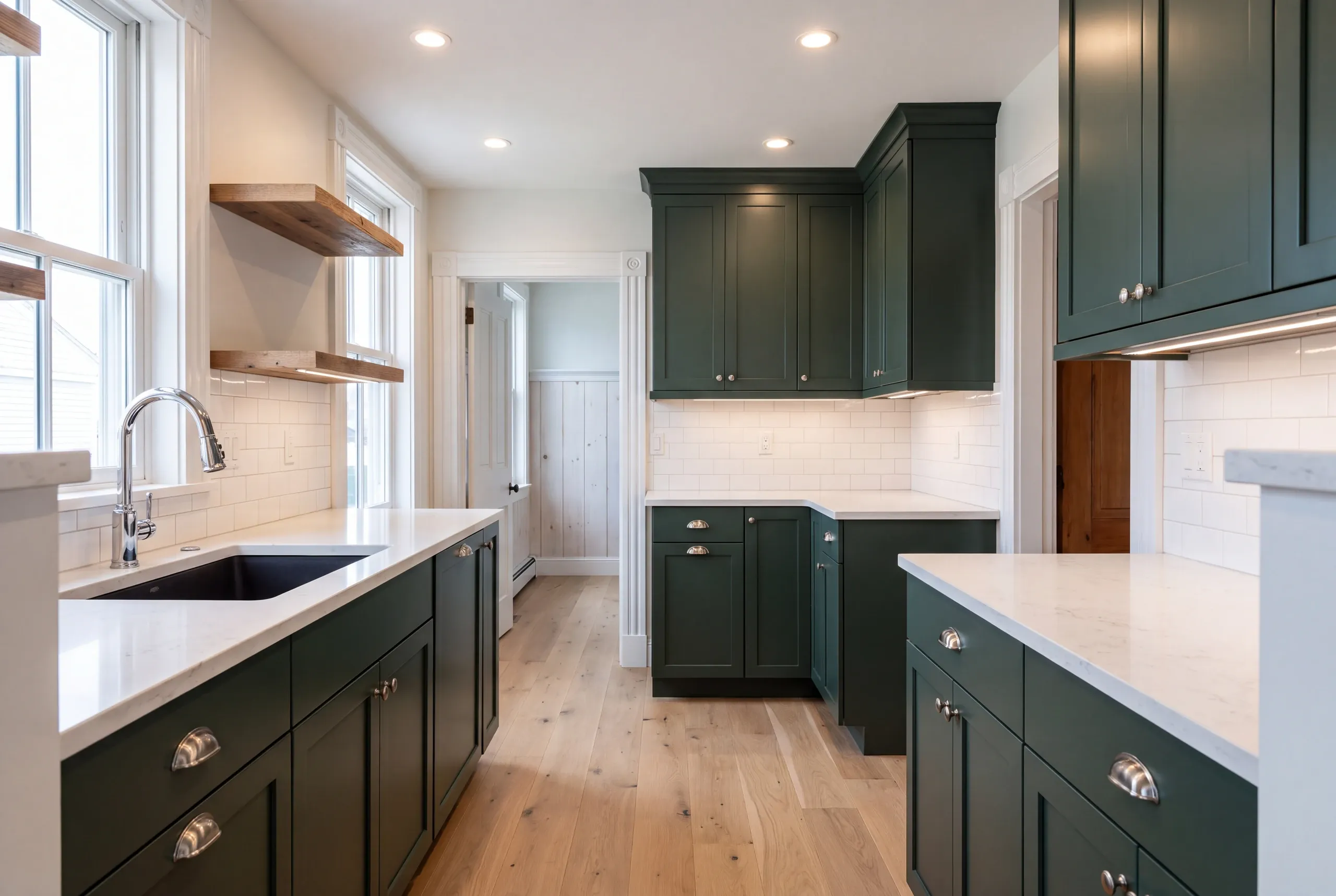 Kitchen remodeler Rockland Maine: dark green shaker kitchen with a black undermount sink, wood floating shelves and cup pulls