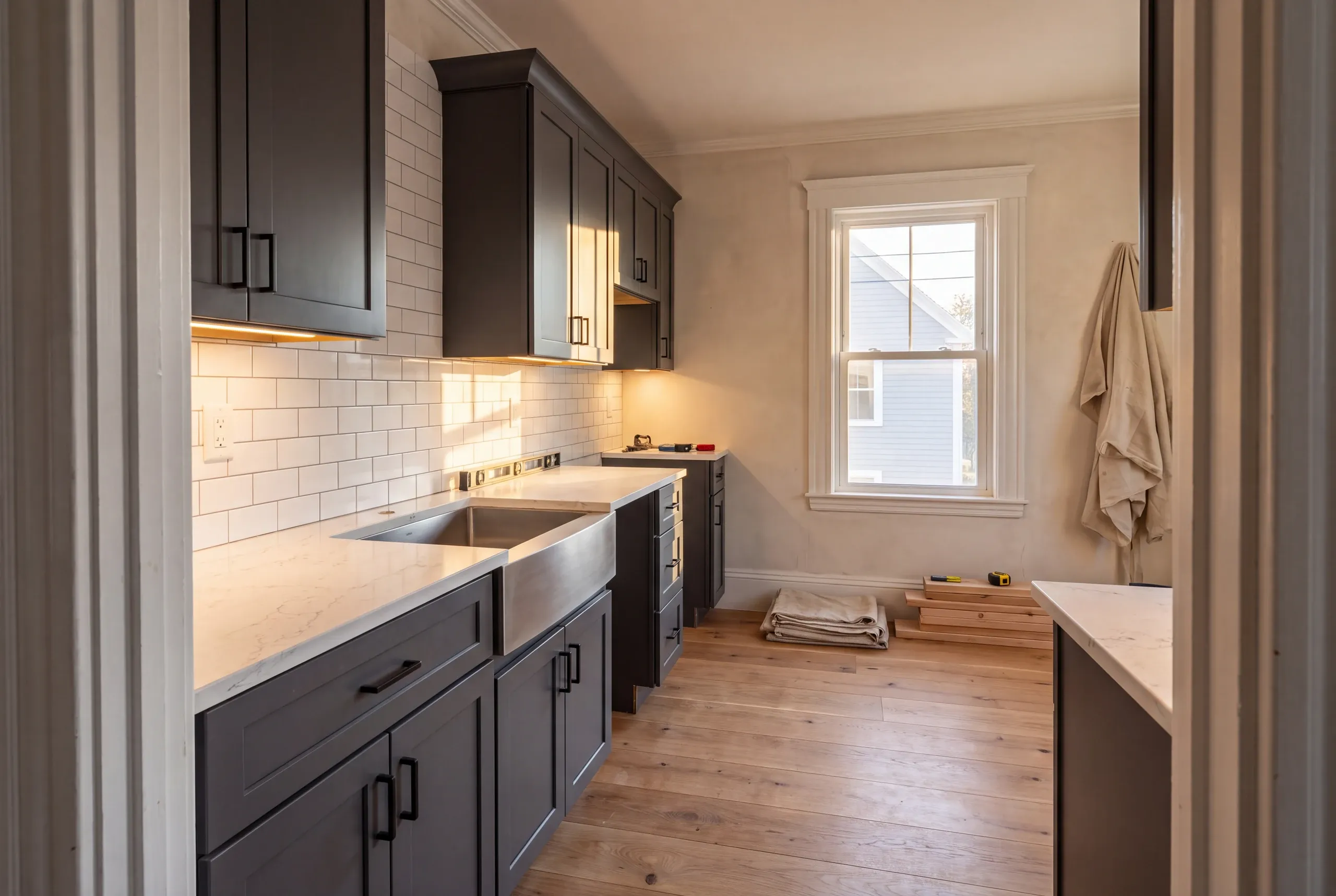 Kitchen remodeling contractor Rockland Maine: charcoal shaker galley with a stainless apron sink, a level on the counter and drop cloths below