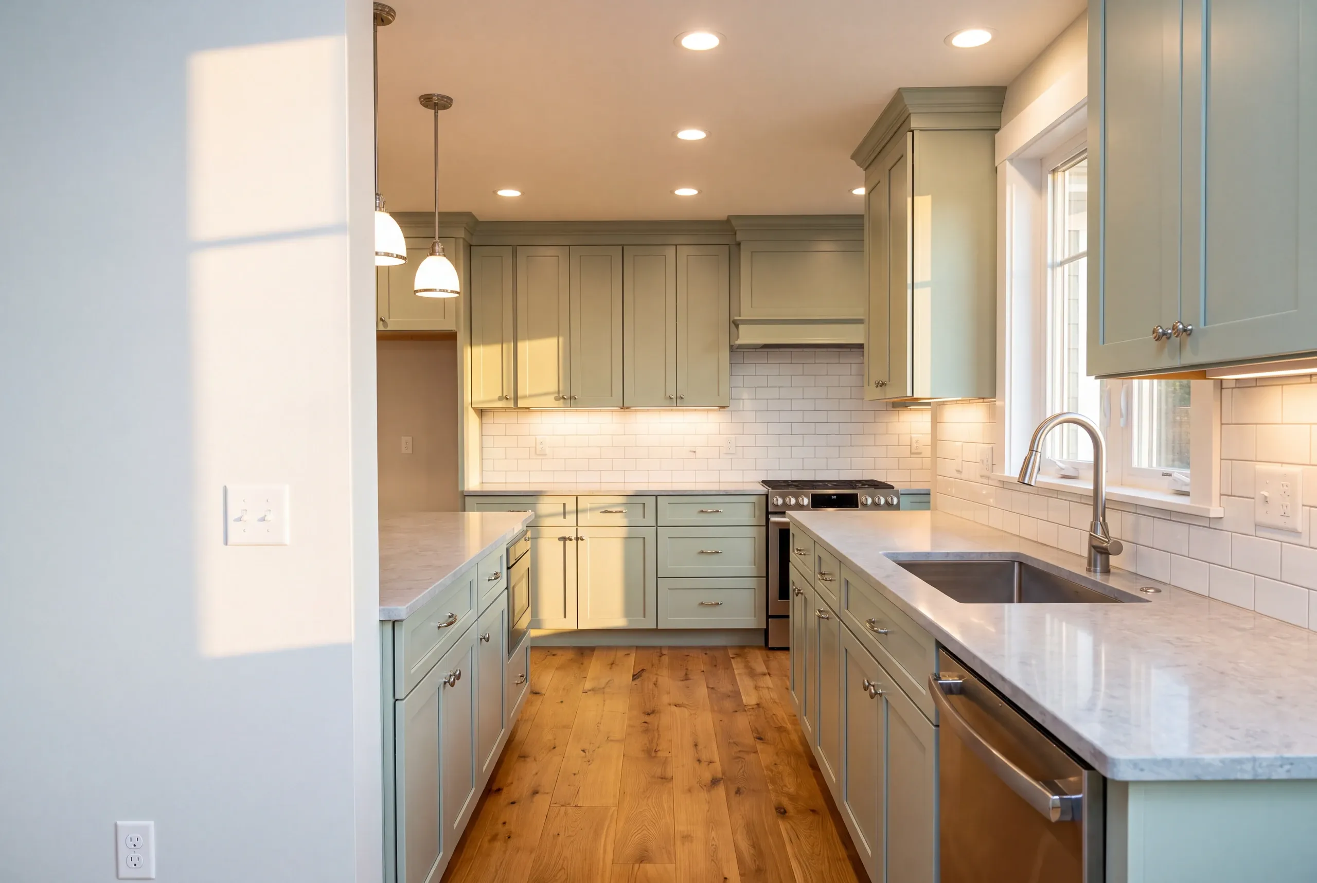 Kitchen renovation contractor Rockland Maine: sage green shaker kitchen with a gas range under a hood box and an island