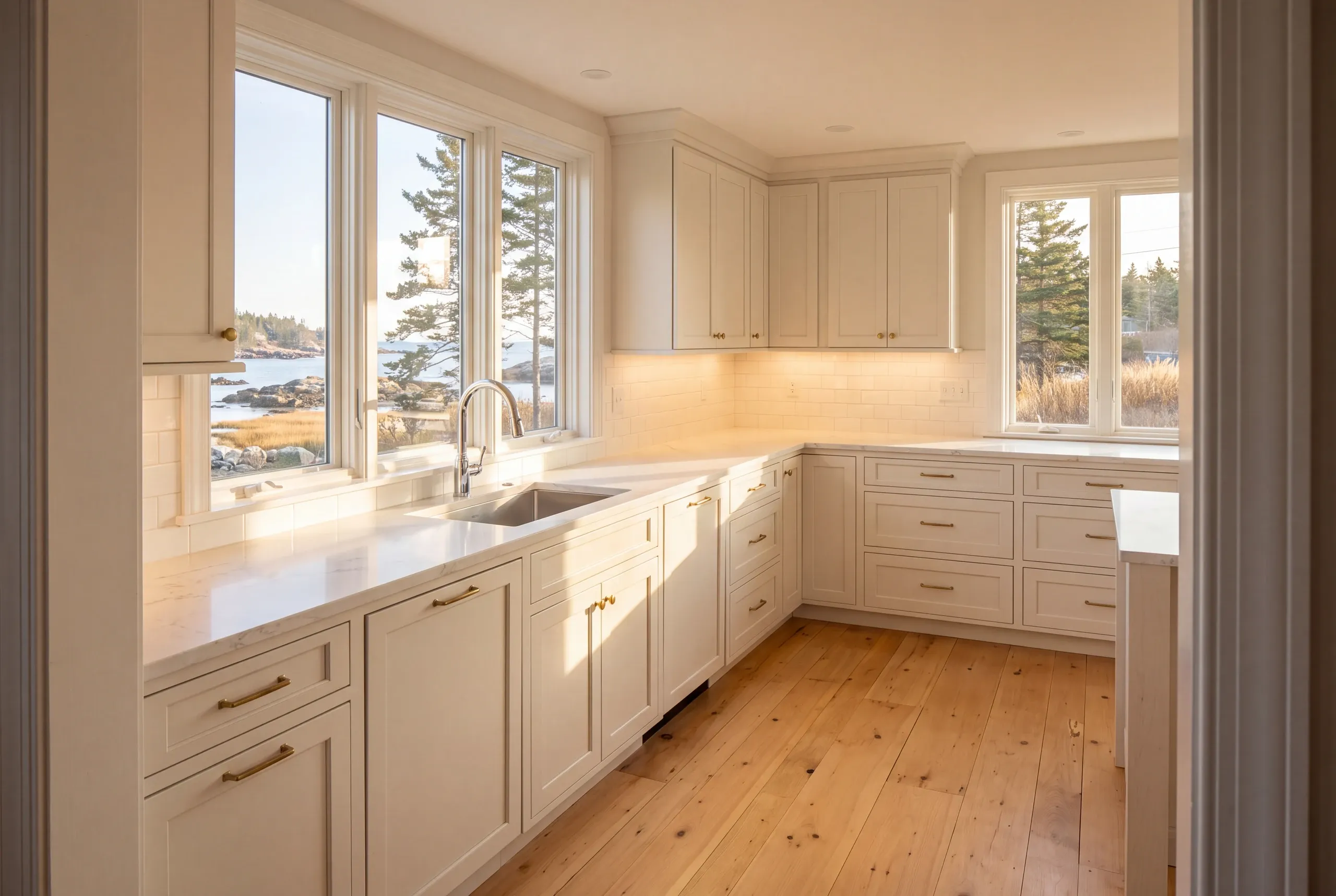 Kitchen remodeling in Rockport, ME: cream inset kitchen with brass pulls and a sink under three windows facing a rocky shoreline
