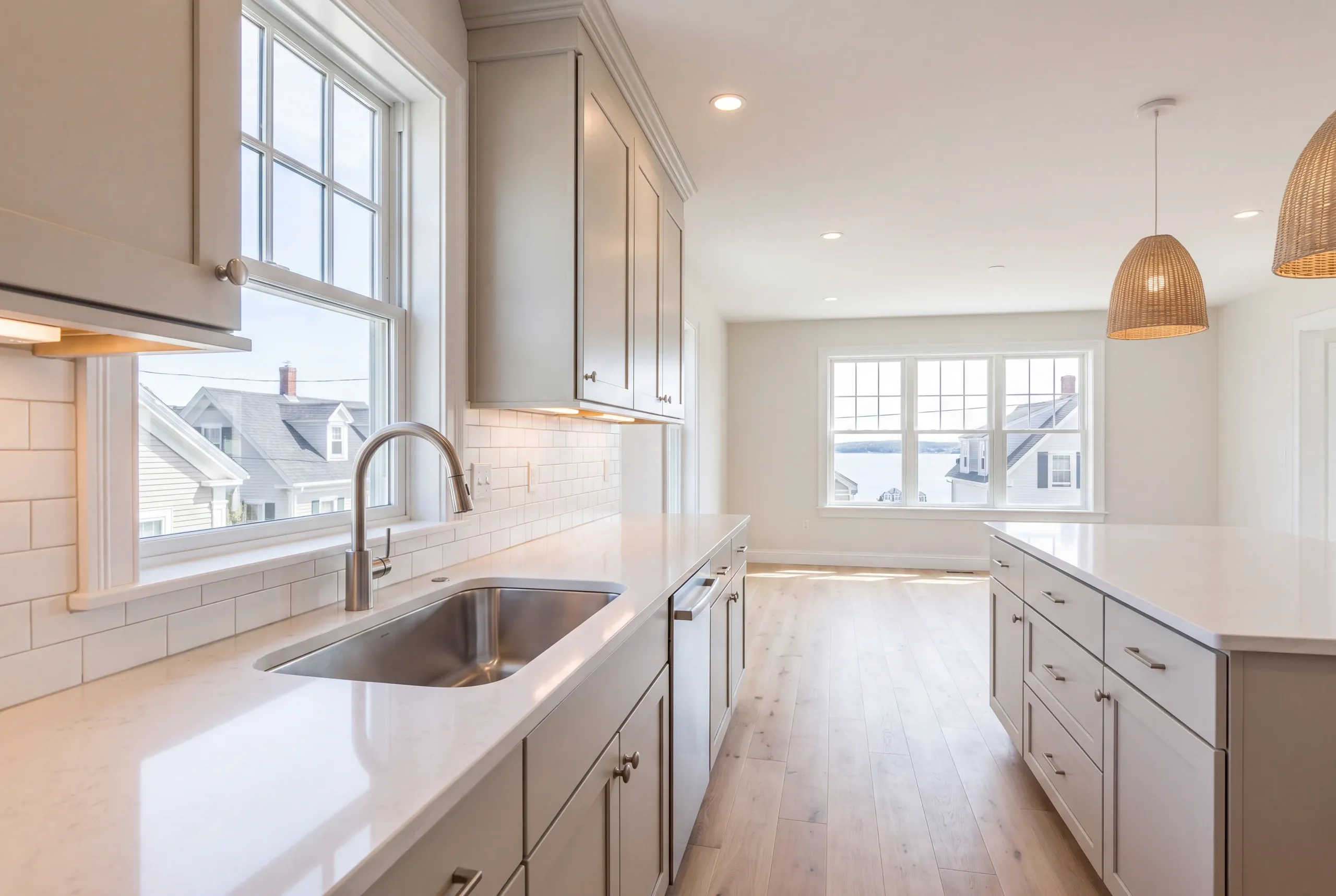 Kitchen renovation contractor Rockport Maine: greige shaker kitchen with woven pendants and an island facing the bay