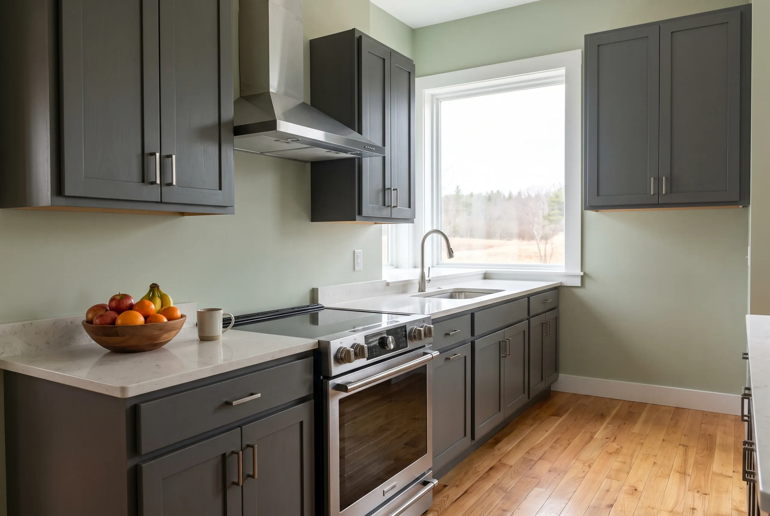 Kitchen remodeling in Searsmont, ME: dark gray shaker galley kitchen with stainless chimney hood, electric range and window over the sink.