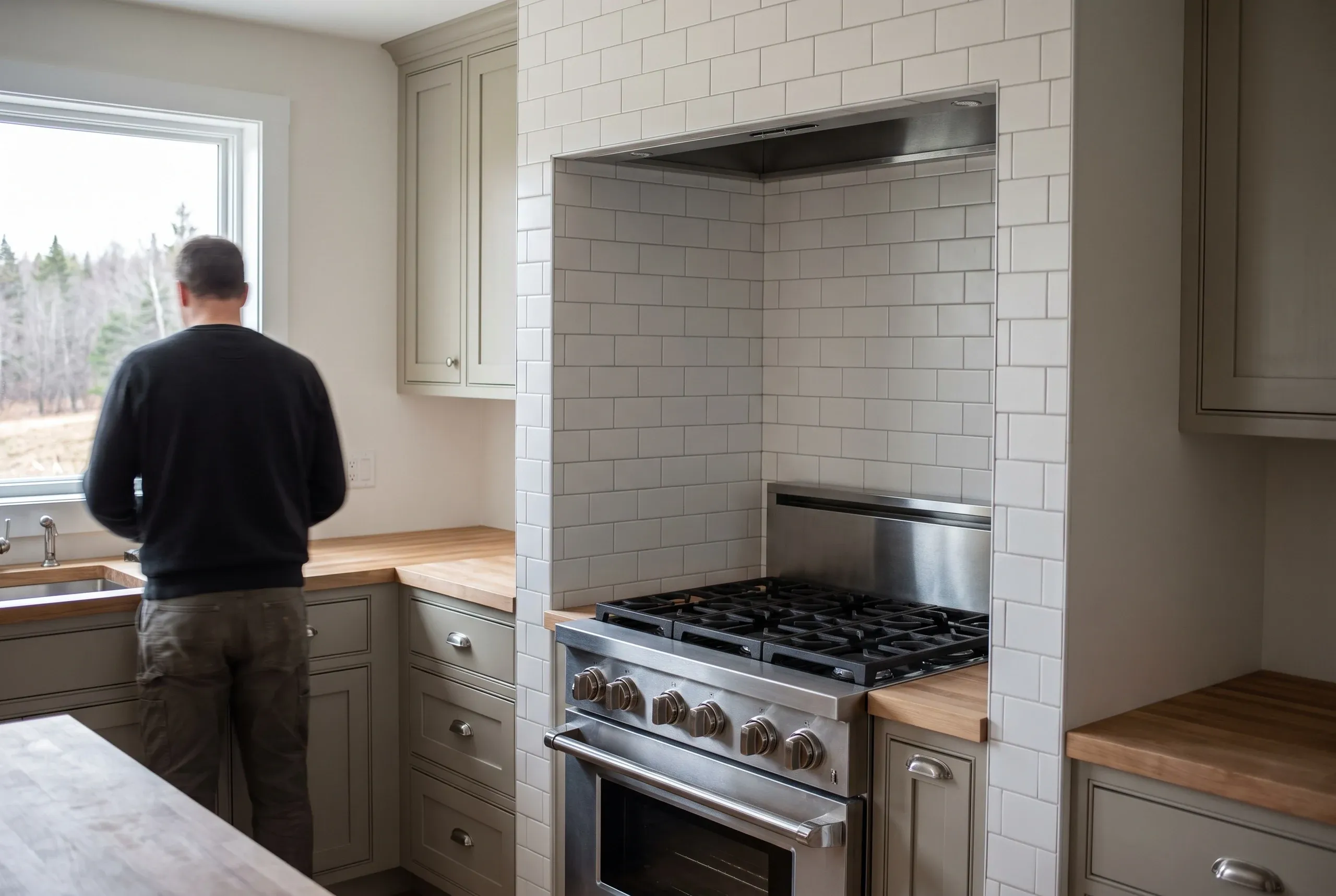 Kitchen renovation contractor Searsmont Maine: gas range in a tiled alcove with an insert hood, between greige cabinets and butcher block