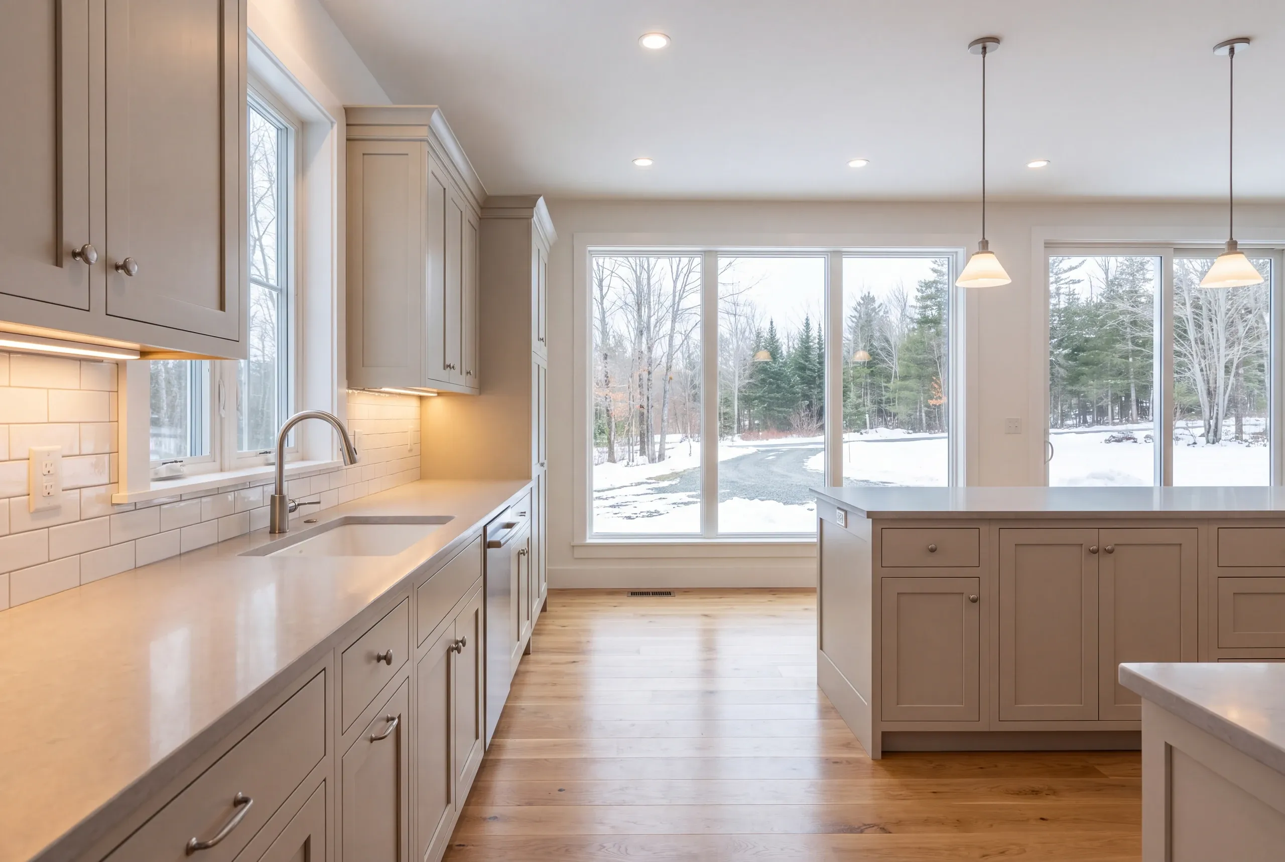 Kitchen remodeler Searsmont Maine: greige inset kitchen with a long sink run, island and tall windows looking onto a snowy gravel drive