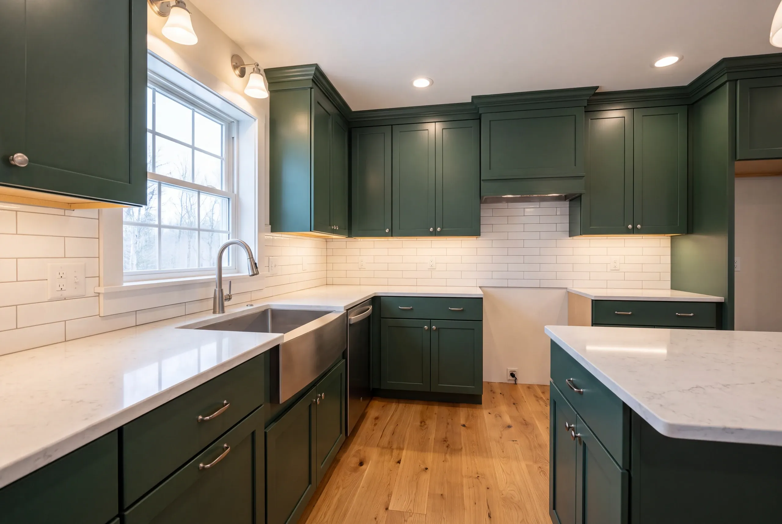 Kitchen remodeling contractor Searsmont Maine: dark green shaker kitchen with a stainless apron sink, swing-arm sconces and an empty range bay