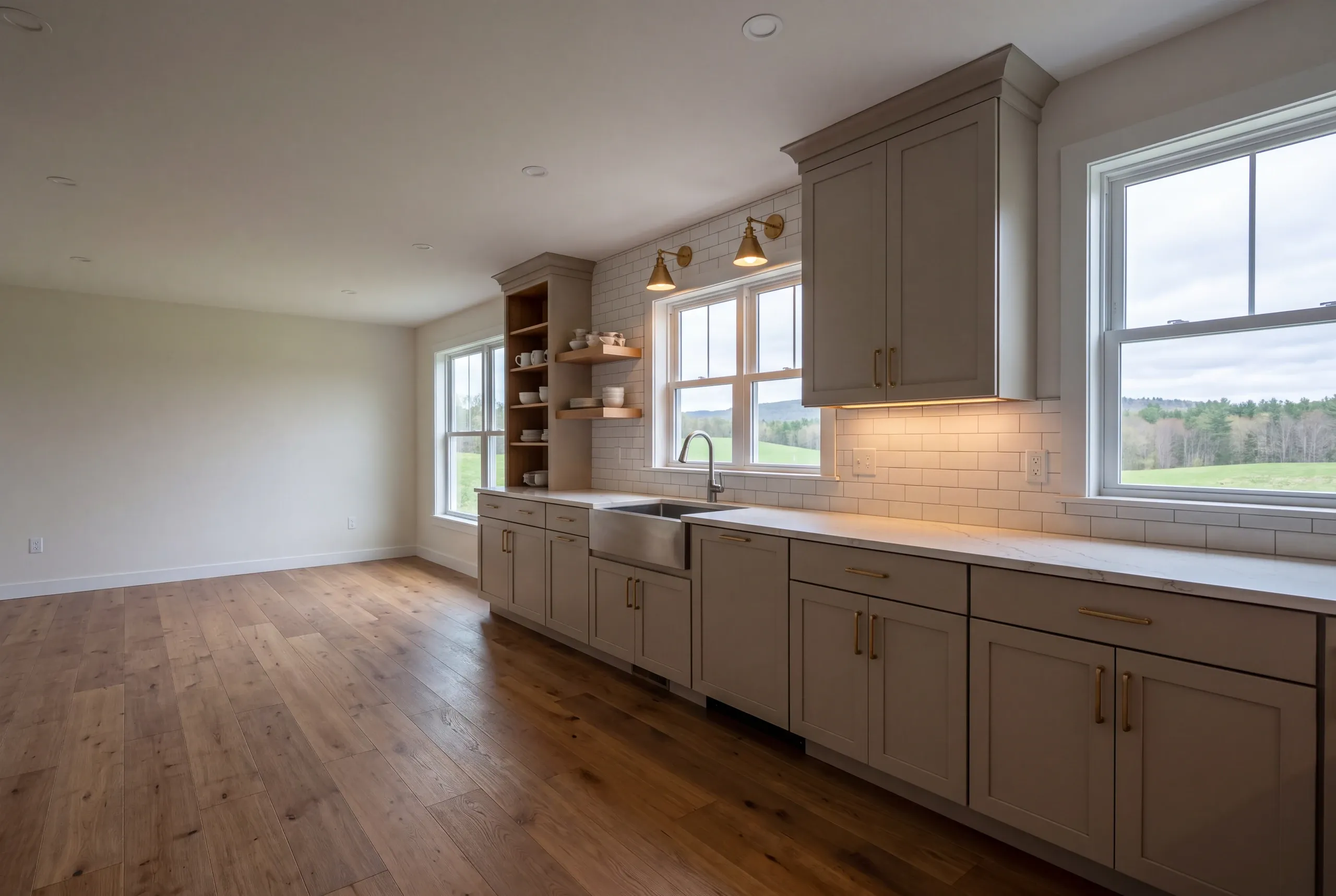 Kitchen remodeler Searsmont Maine: greige shaker run with a stainless apron sink, brass sconces and open wood shelves facing fields