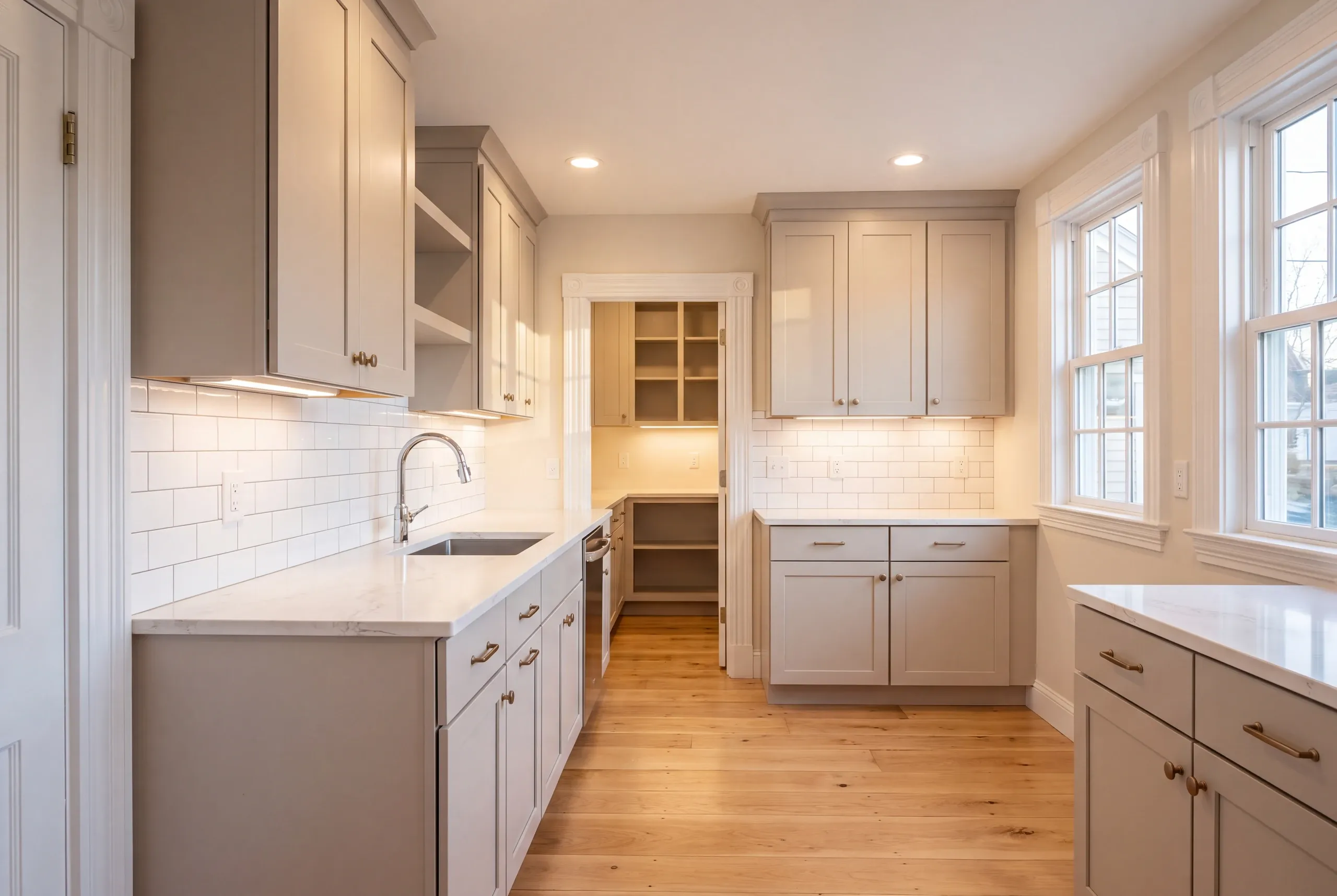 Kitchen remodeling in Thomaston, ME: greige shaker kitchen with a cased doorway into a walk-in pantry lined with open shelves