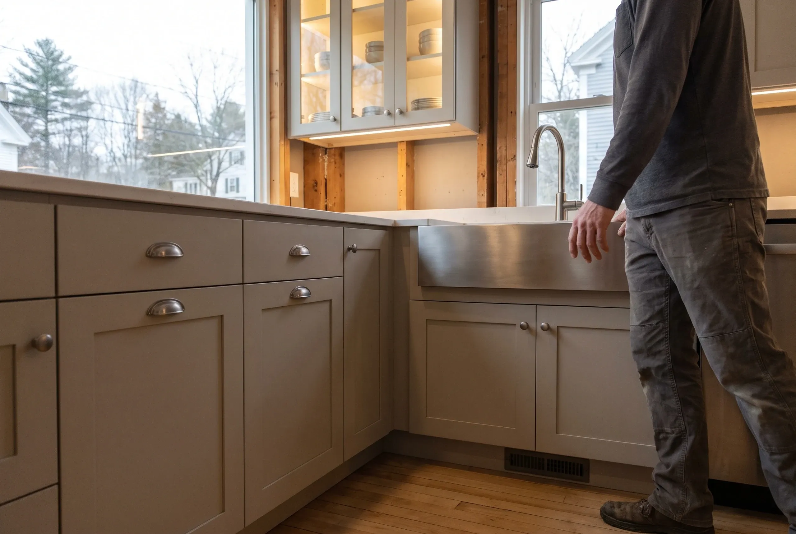 Kitchen renovation contractor Thomaston Maine: low view of greige shaker cabinets, a stainless apron sink, lit glass uppers and open studs