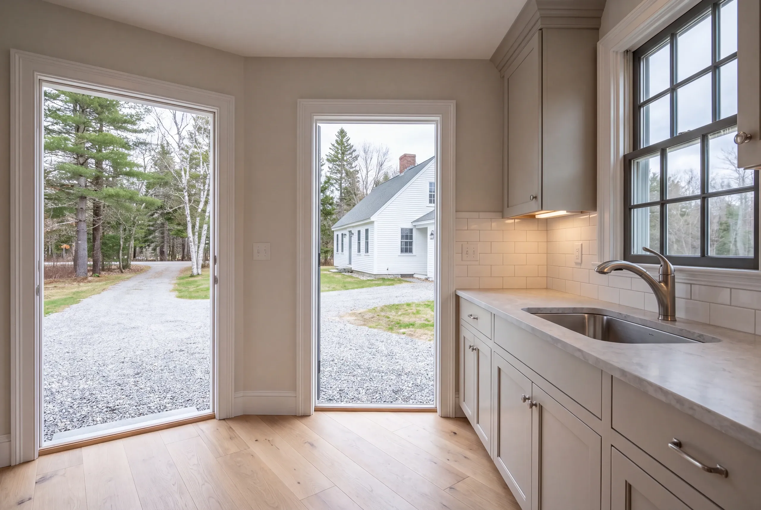 Kitchen remodeler Thomaston Maine: greige shaker sink corner beside two tall doorways opening onto a gravel drive and a white cape