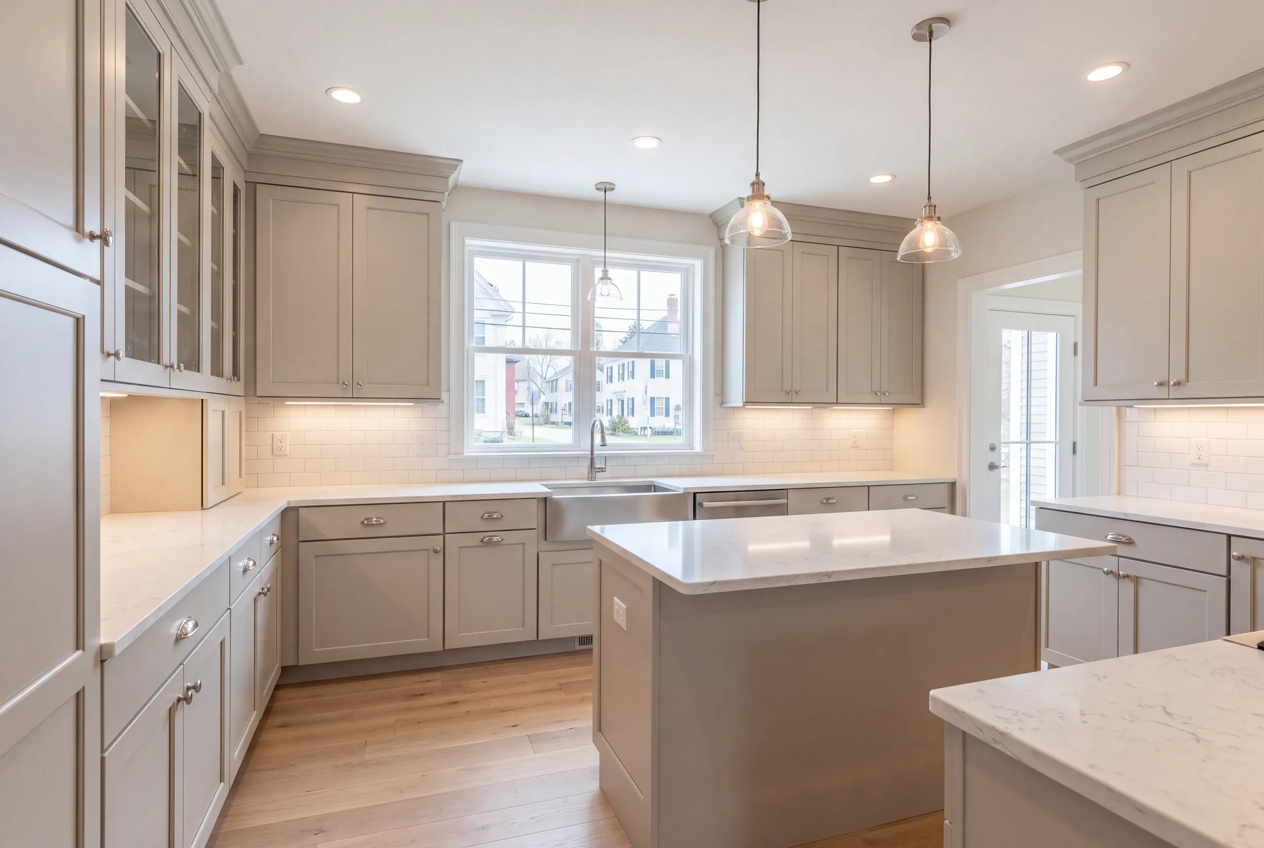 Kitchen renovation contractor Thomaston Maine: greige shaker kitchen with glass-front uppers, a small island and an apron sink