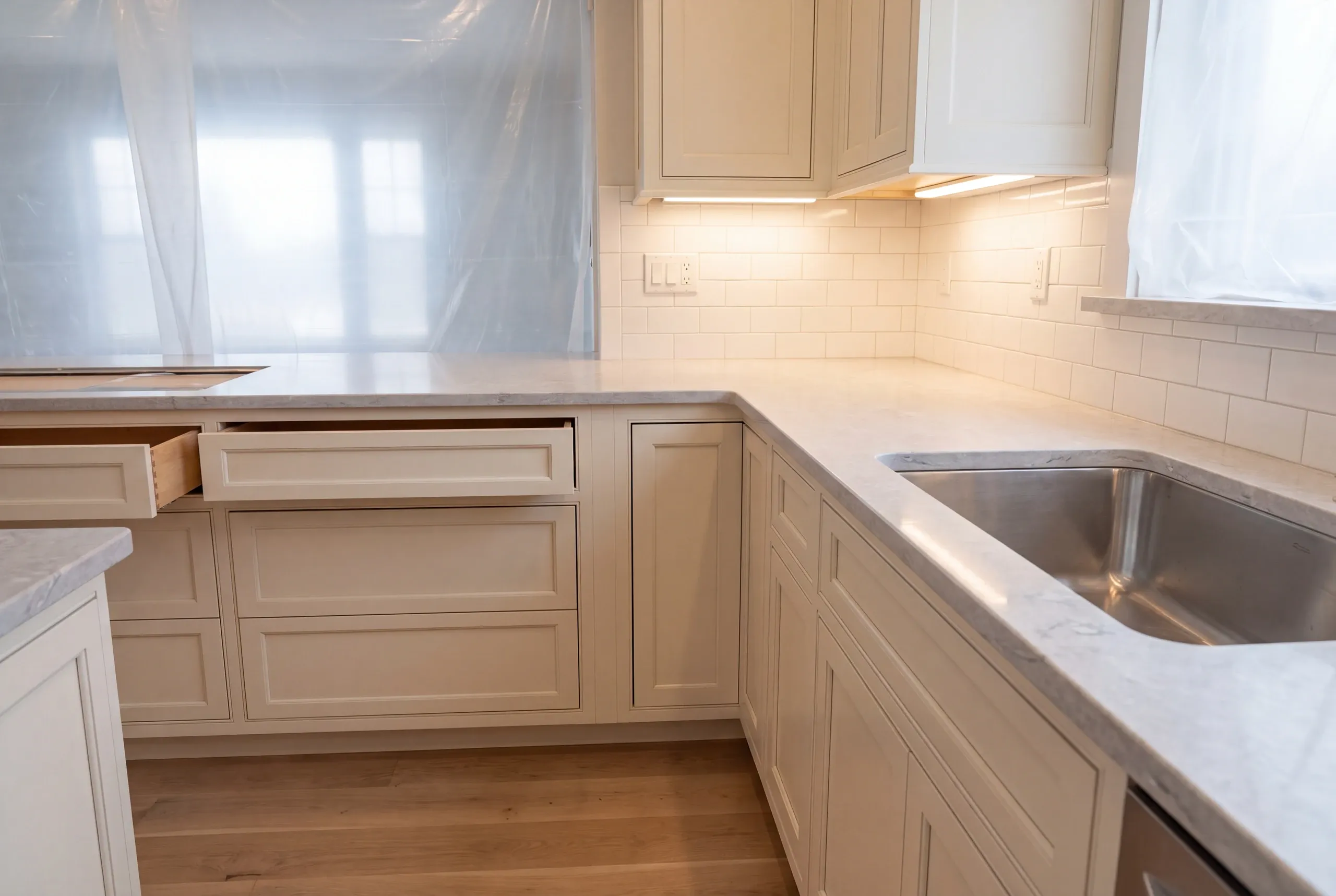 Kitchen renovation contractor Waldoboro Maine: plastic dust sheeting hung beside cream inset cabinets, subway tile and an undermount sink