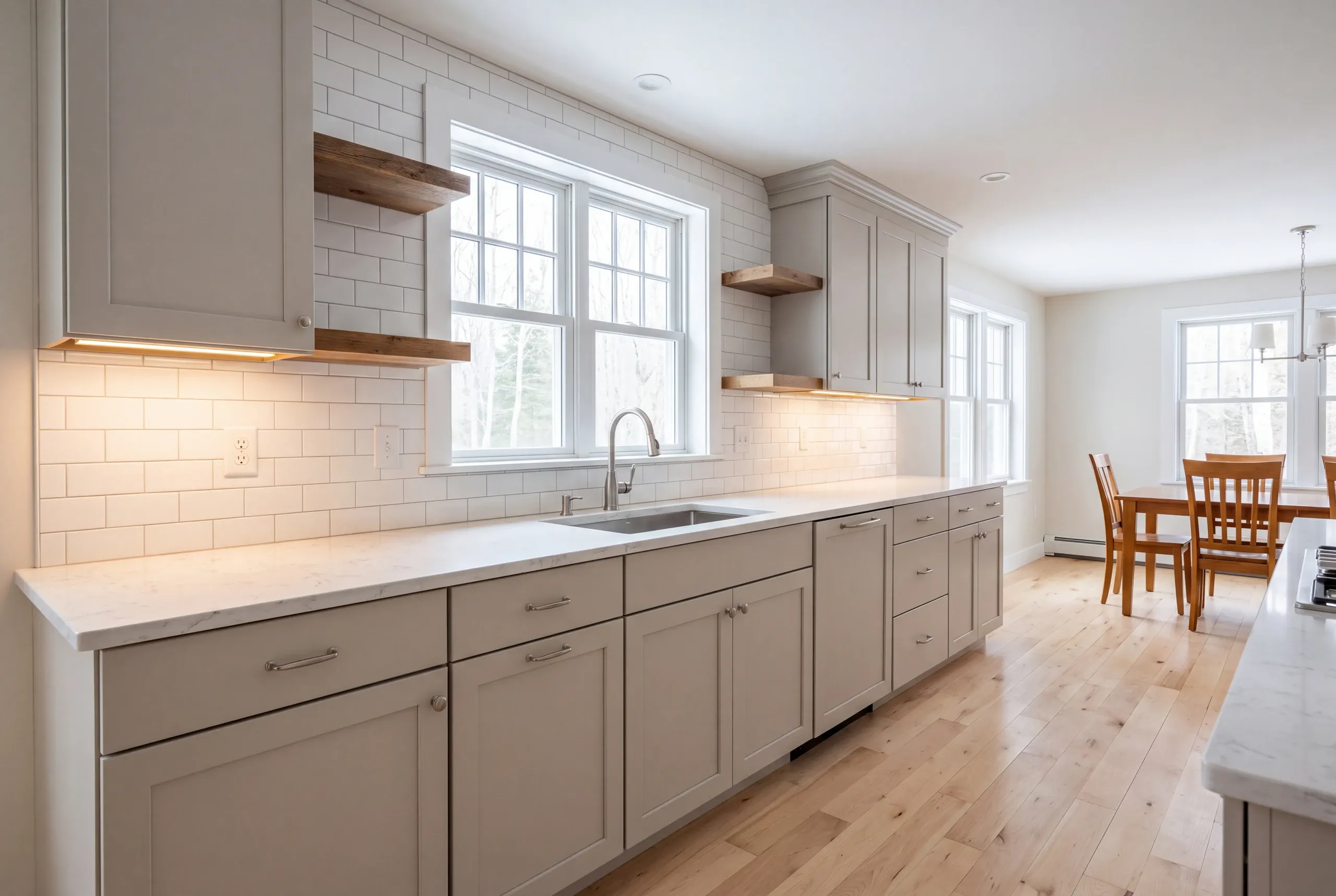 Kitchen remodeling in Warren, ME: greige kitchen with open wood shelves, subway tile to the ceiling and a dining table beyond
