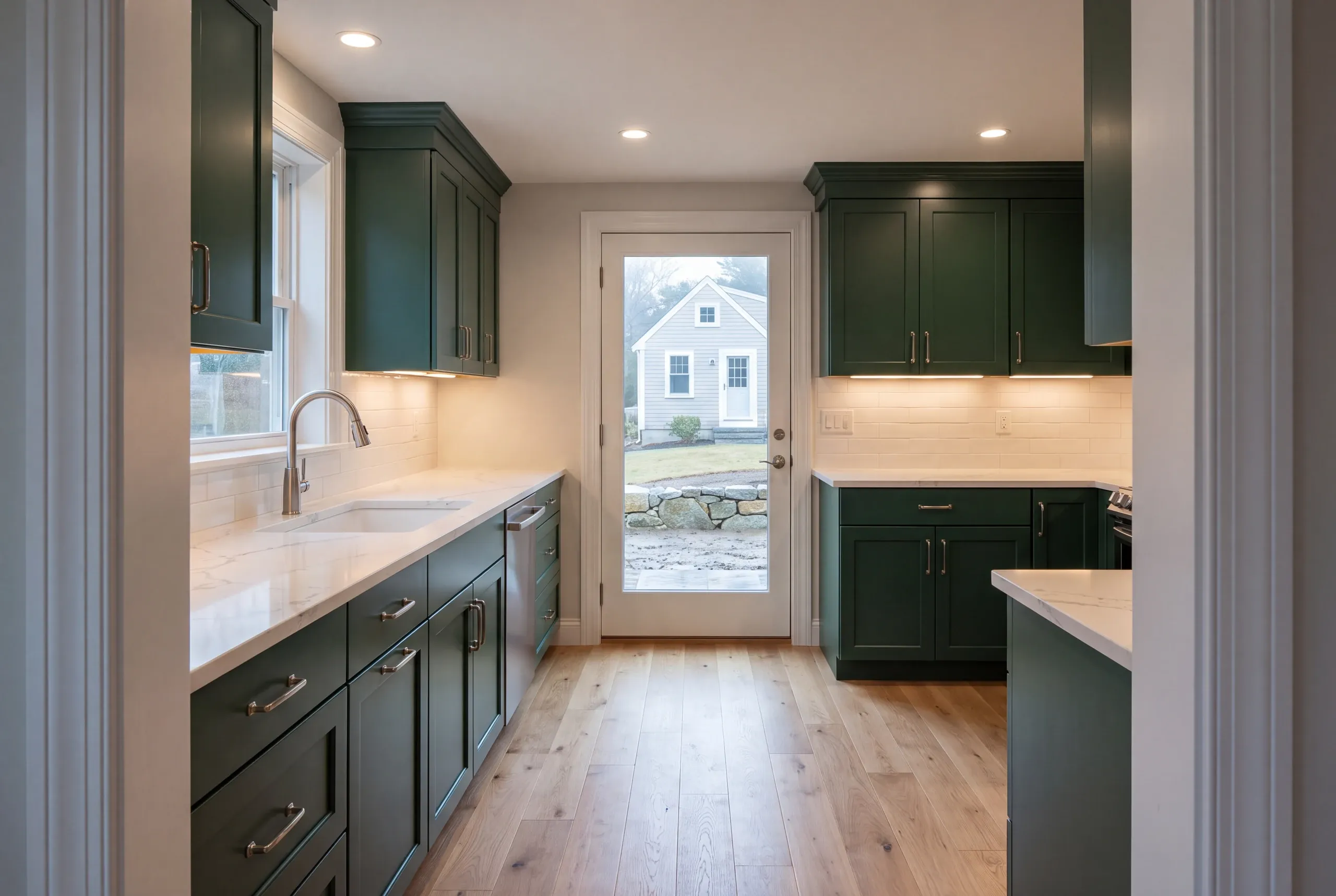 Kitchen remodeler Warren Maine: galley kitchen with dark green cabinets and a glass back door looking out to a gray cape