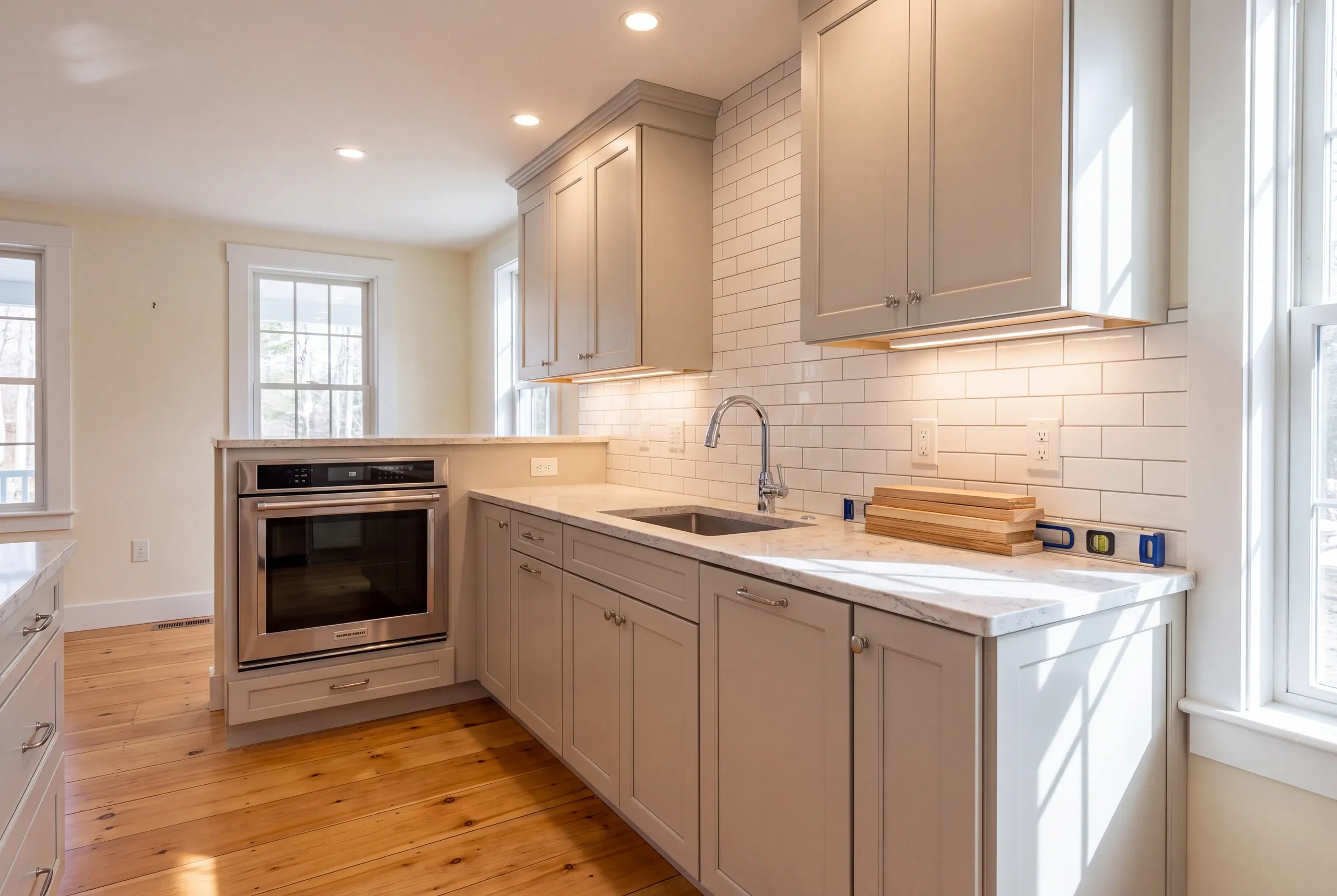 Kitchen remodeling contractor Warren Maine: greige kitchen with a stainless wall oven, counter space beside it and subway tile walls