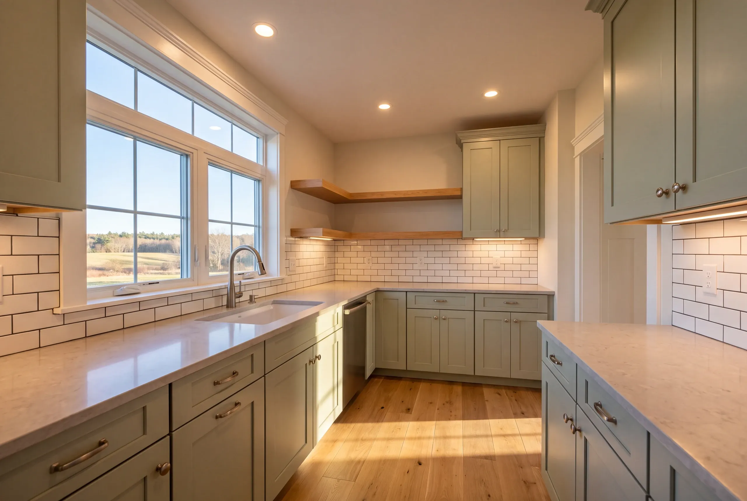 Kitchen renovation contractor Warren Maine: sunny kitchen with sage green cabinets, open wood shelves and windows over a field