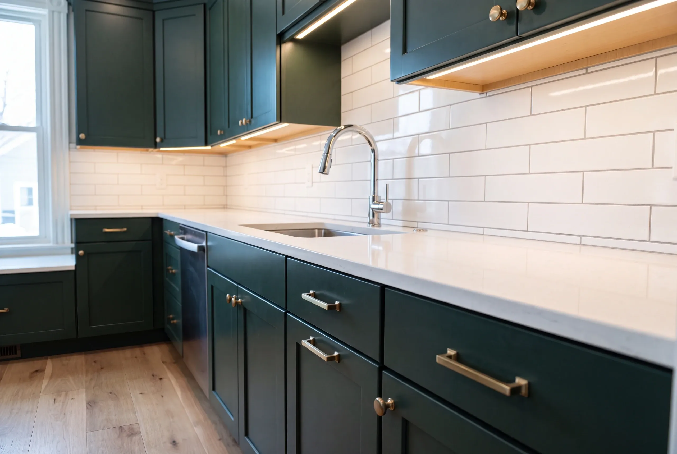 Kitchen renovation contractor Waterville Maine: dark green shaker cabinets with brass pulls under a white subway tile backsplash