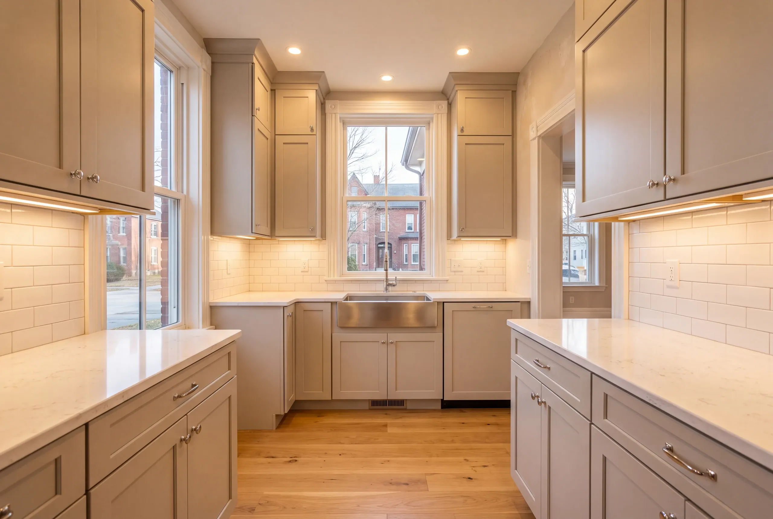 Kitchen remodeler Waterville Maine: galley kitchen with greige cabinets, steel apron sink and a toe-kick heater grille below