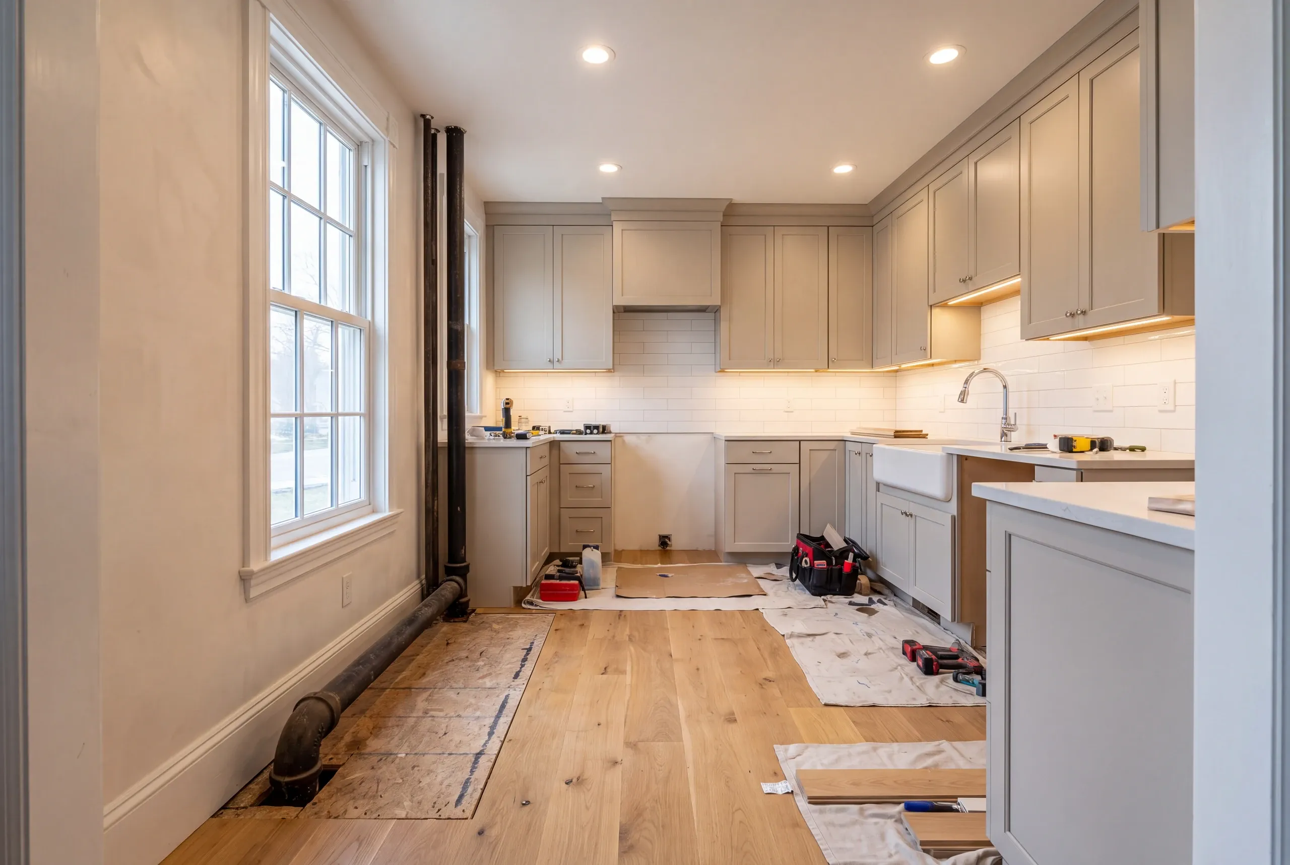 Kitchen remodeling contractor Waterville Maine: unfinished greige kitchen with old black iron pipes and an opened floor patch