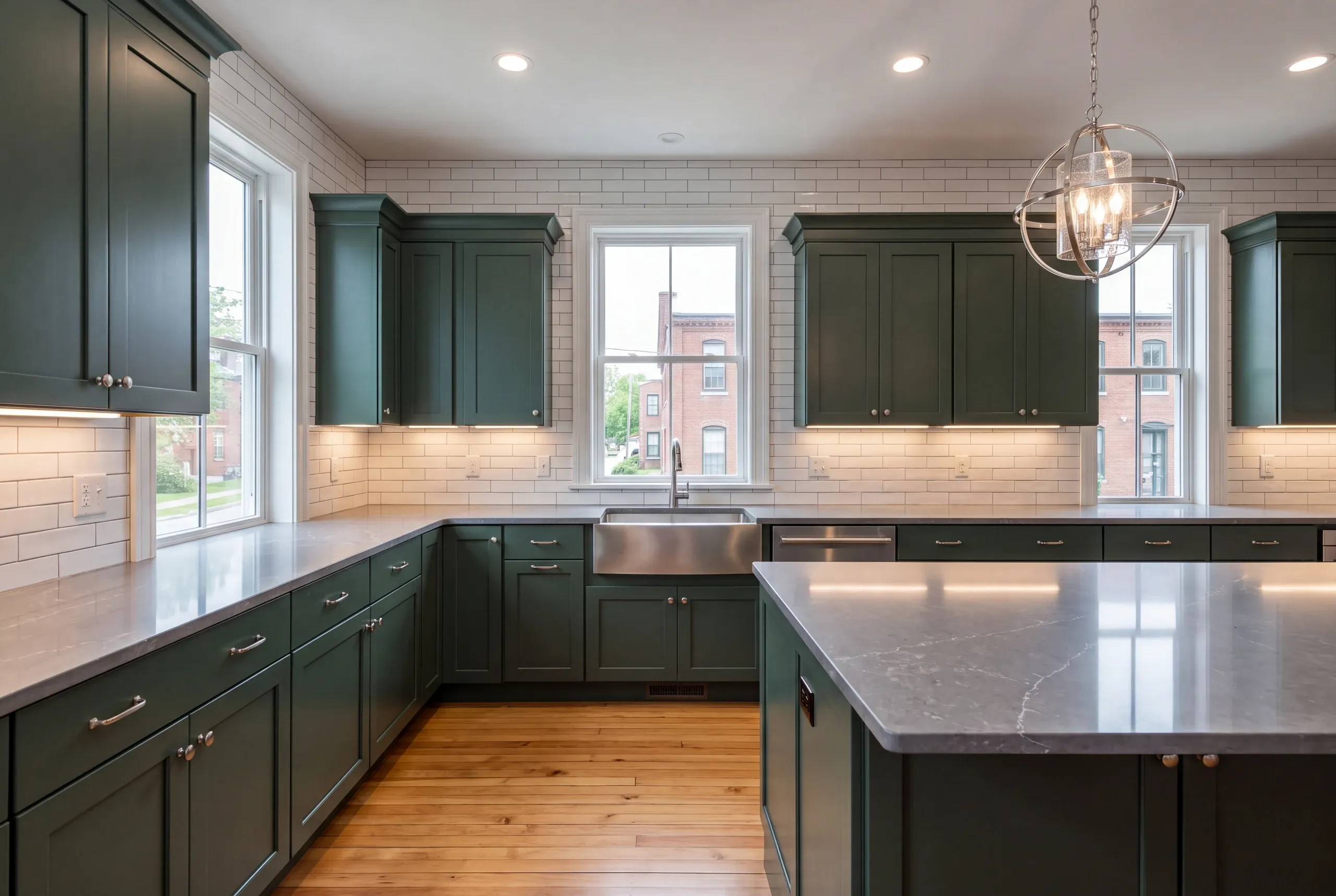 Kitchen renovation contractor Waterville Maine: dark green kitchen with a globe chandelier, steel apron sink and a window to brick buildings