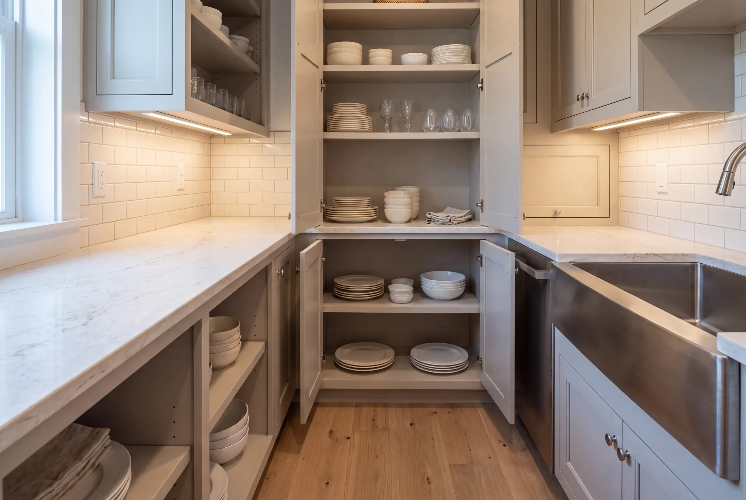 Kitchen renovation contractor Windsor Maine: greige cabinets with doors open on shelves of white plates, bowls and glassware