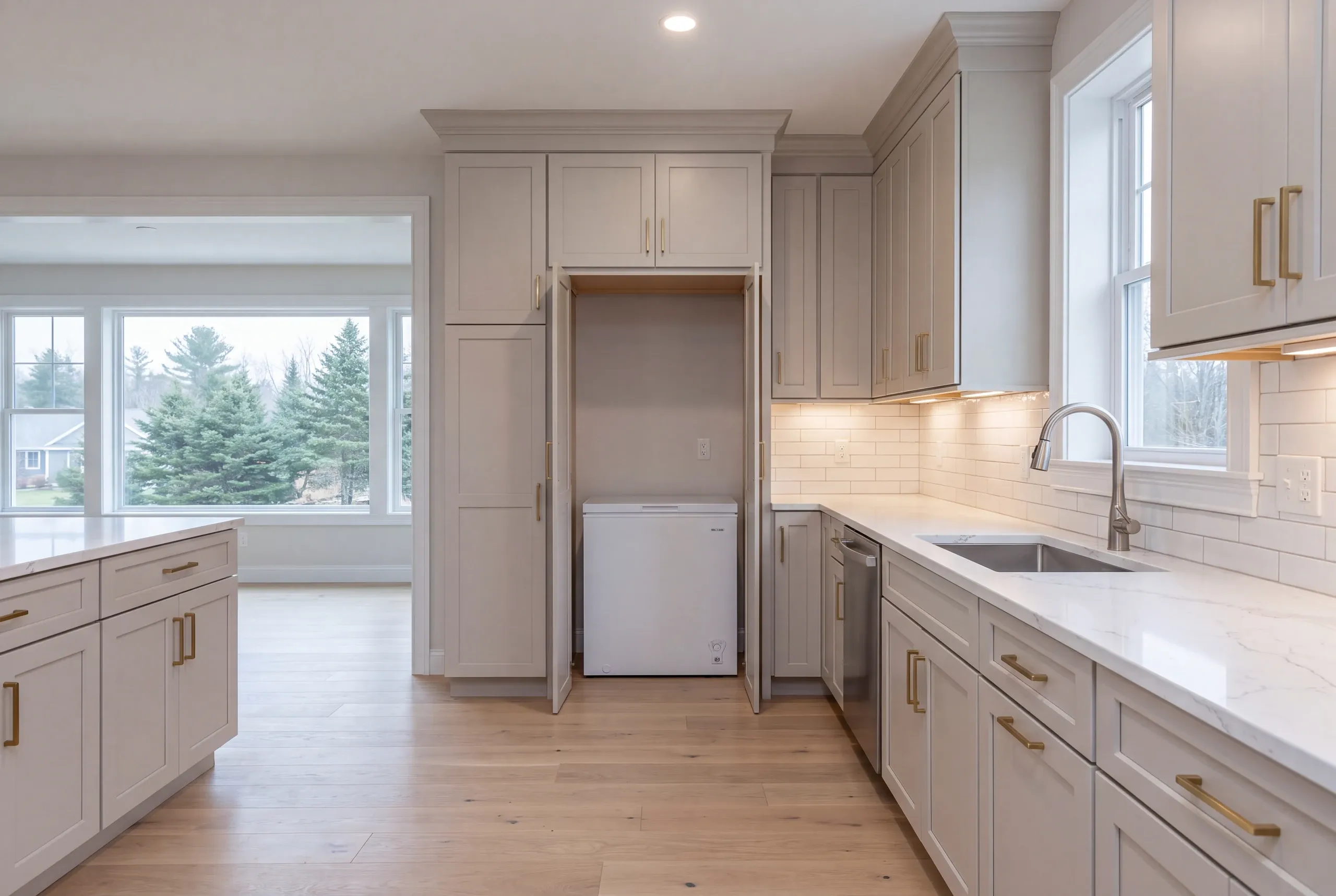 Kitchen remodeler Windsor Maine: greige kitchen with a white chest freezer tucked into a tall cabinet nook