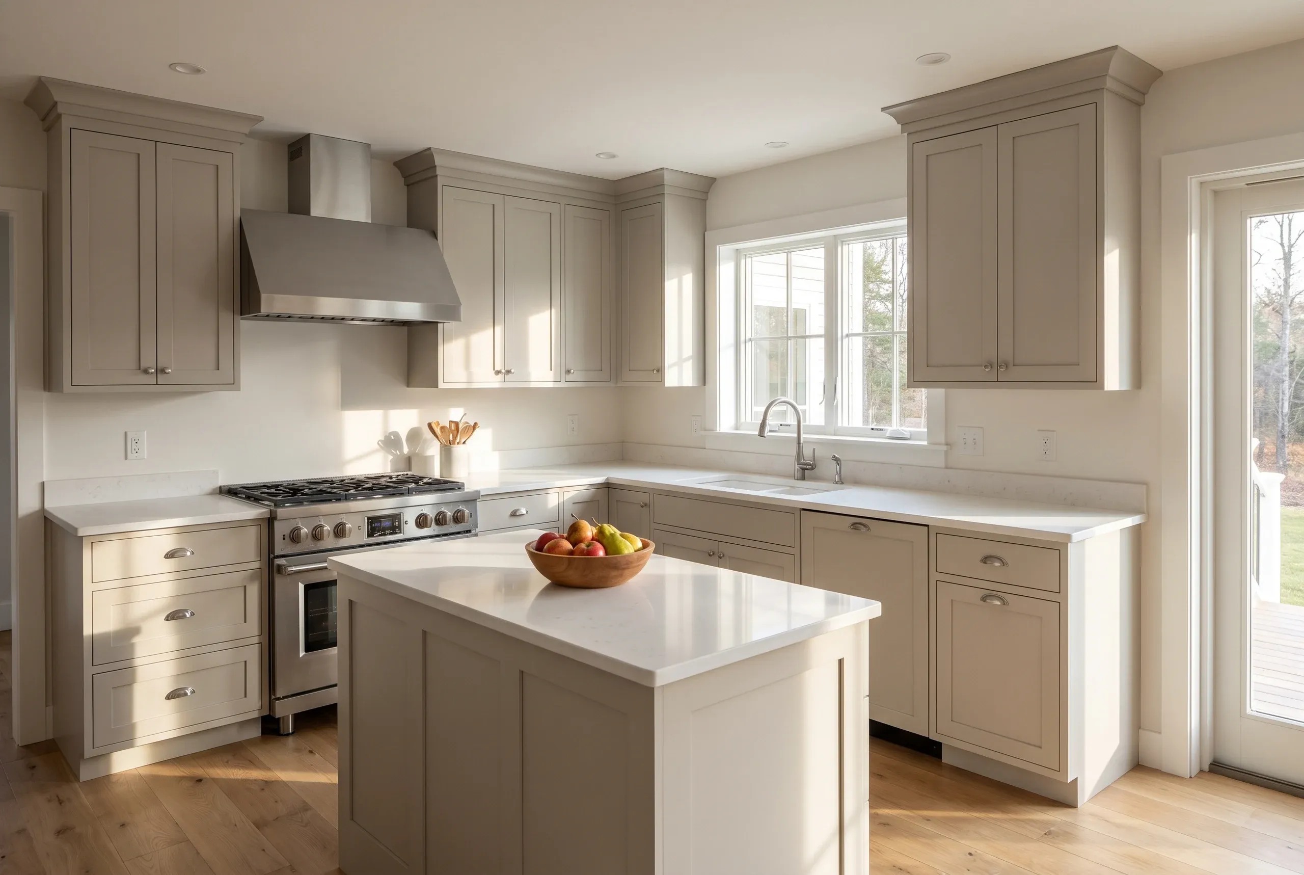 Kitchen remodeling contractor Windsor Maine: beige shaker kitchen with light quartz counters, apron sink and a gas range beside a sunlit window.