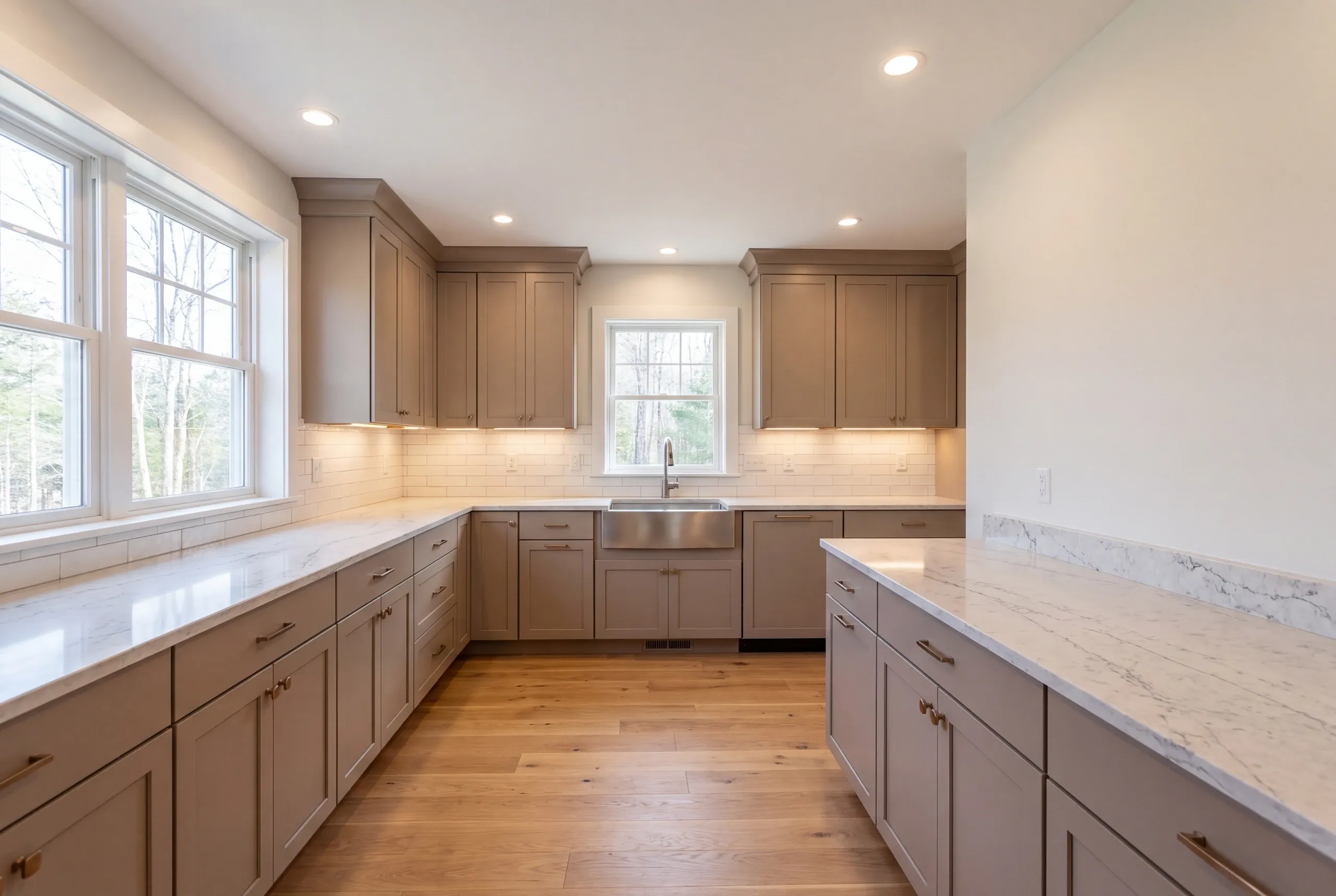 Kitchen remodeler Windsor Maine: long taupe shaker kitchen with marble-look counters and a window over the sink