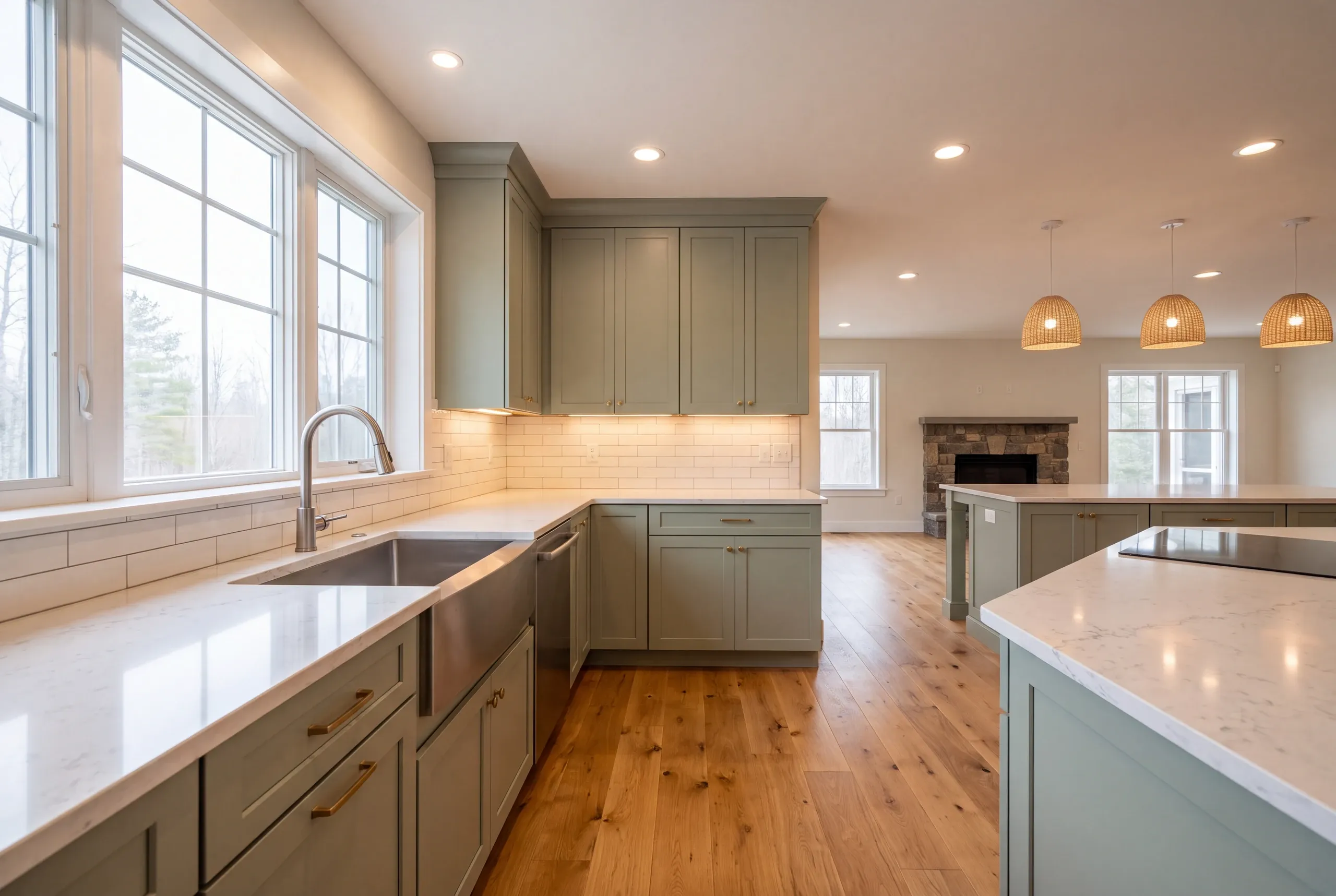Kitchen remodeling in Winslow, ME: sage green kitchen with a steel apron sink, rattan pendants and a stone fireplace beyond