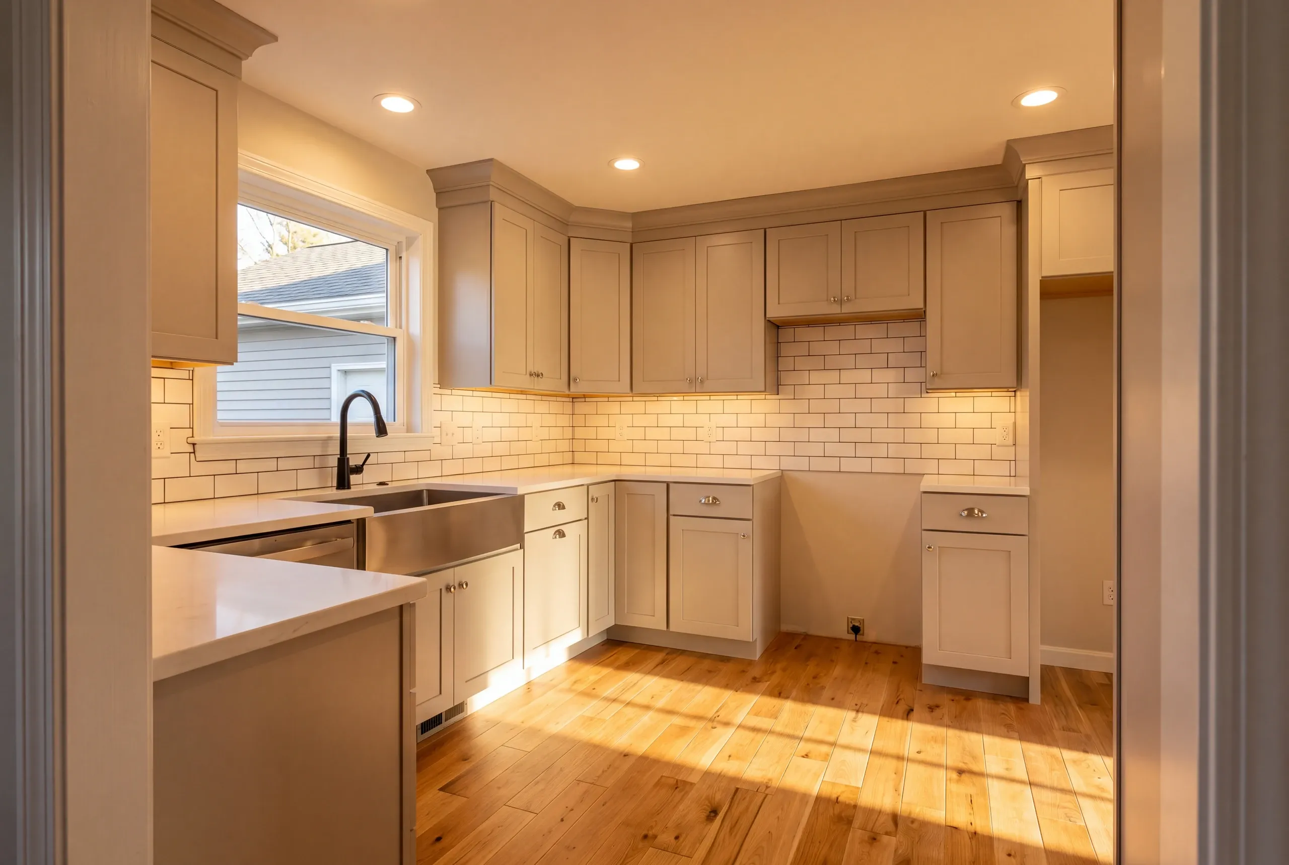 Kitchen remodeler Winslow Maine: greige kitchen with dark-grout subway tile and a steel apron sink seen through a doorway