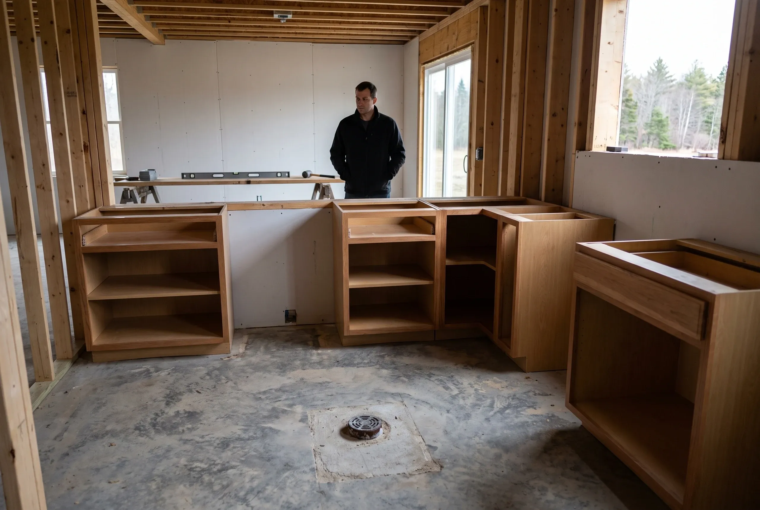 Kitchen remodeling contractor Winslow Maine: unfinished kitchen with open base cabinet boxes on a concrete slab around a floor drain