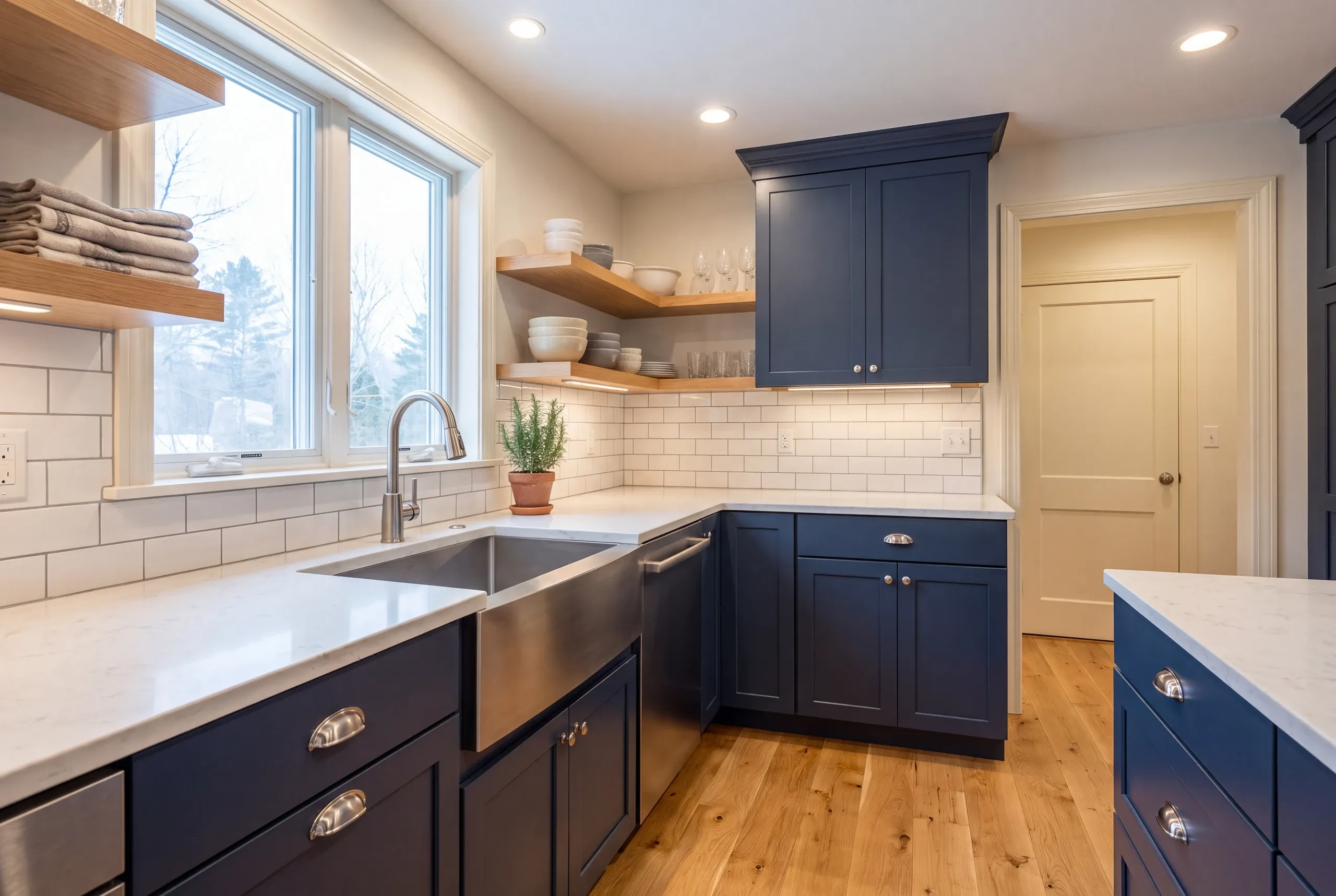 Kitchen renovation contractor Winslow Maine: navy shaker kitchen with a steel apron sink, open wood shelves and subway tile