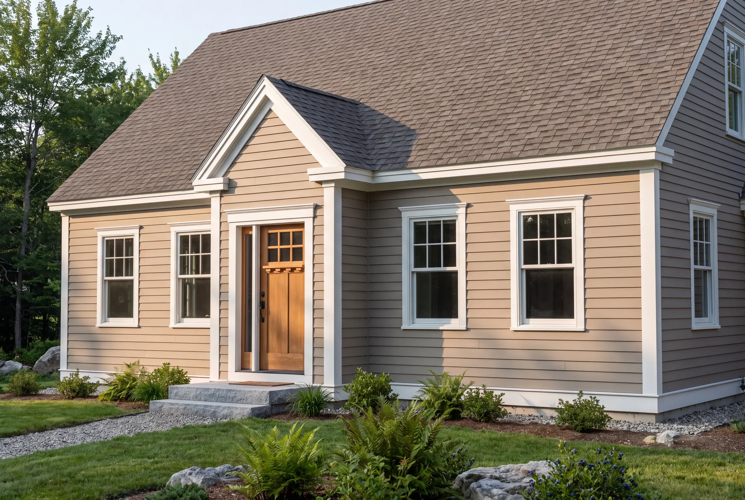 Kenneth Cox Construction privacy policy: close front view of a taupe lap-sided house with a craftsman wood door and granite steps