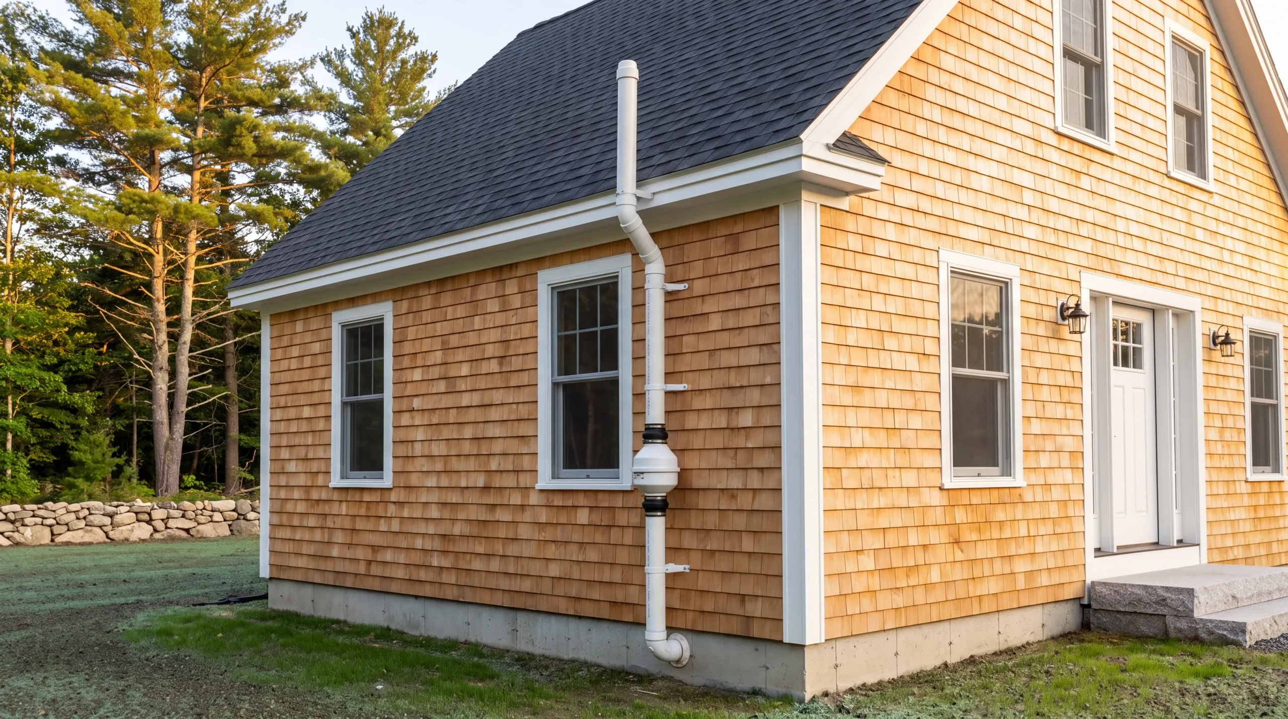 Radon mitigation cost in MidCoast Maine: white PVC radon pipe and inline fan running up the cedar-shingled wall of a new Cape-style home to above the roof edge