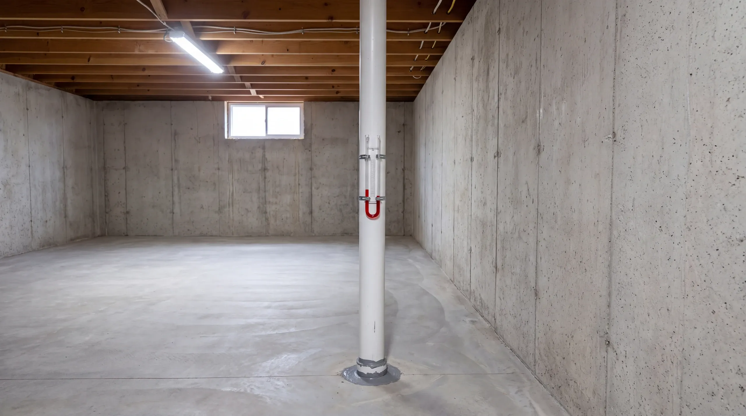 White PVC radon suction pipe with a red U-tube gauge rising from a sealed hole in the slab of an unfinished Maine basement