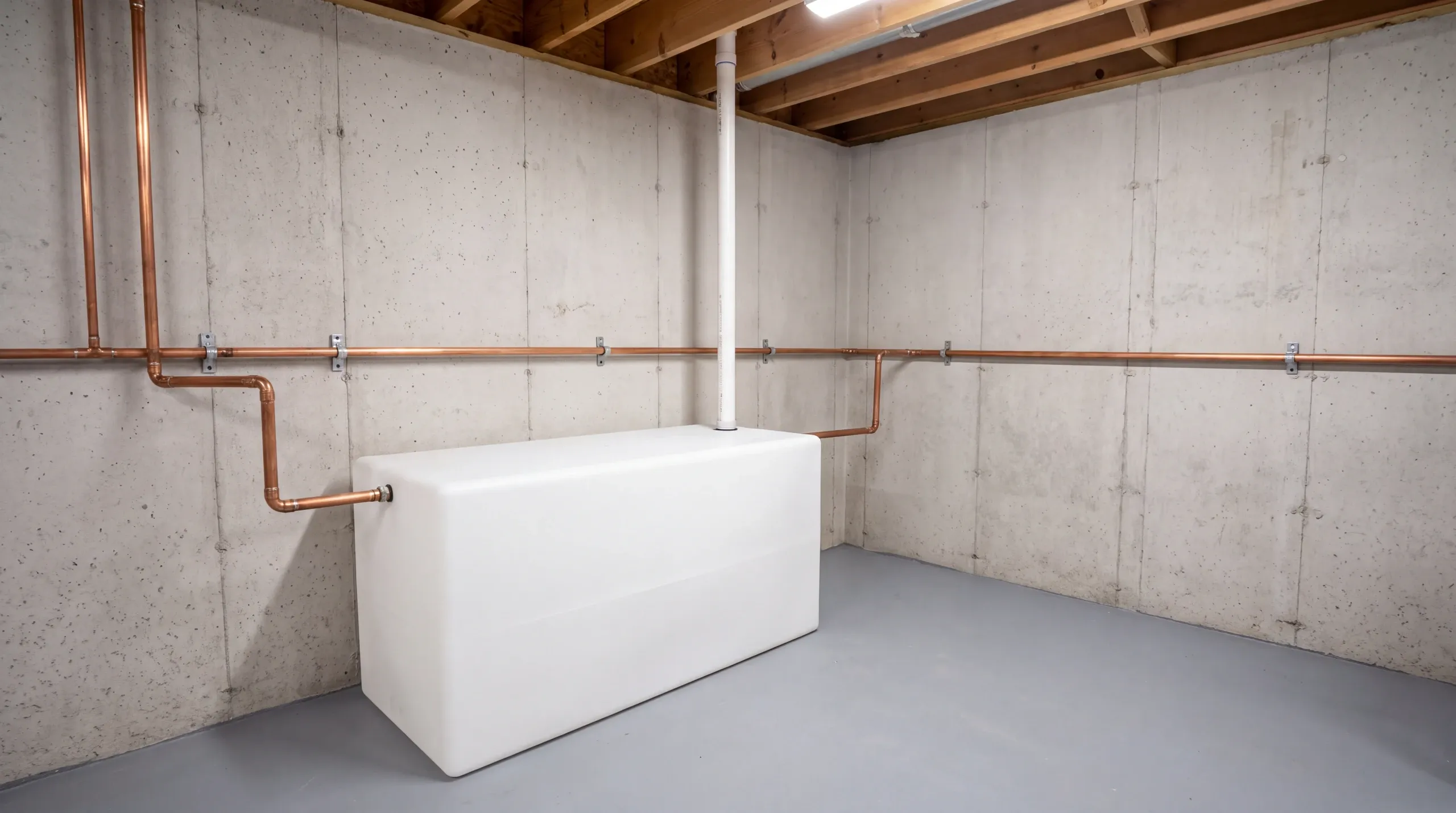 Plain white radon-in-water aeration tank with copper water lines and a white vent pipe rising to the joists in a Maine basement