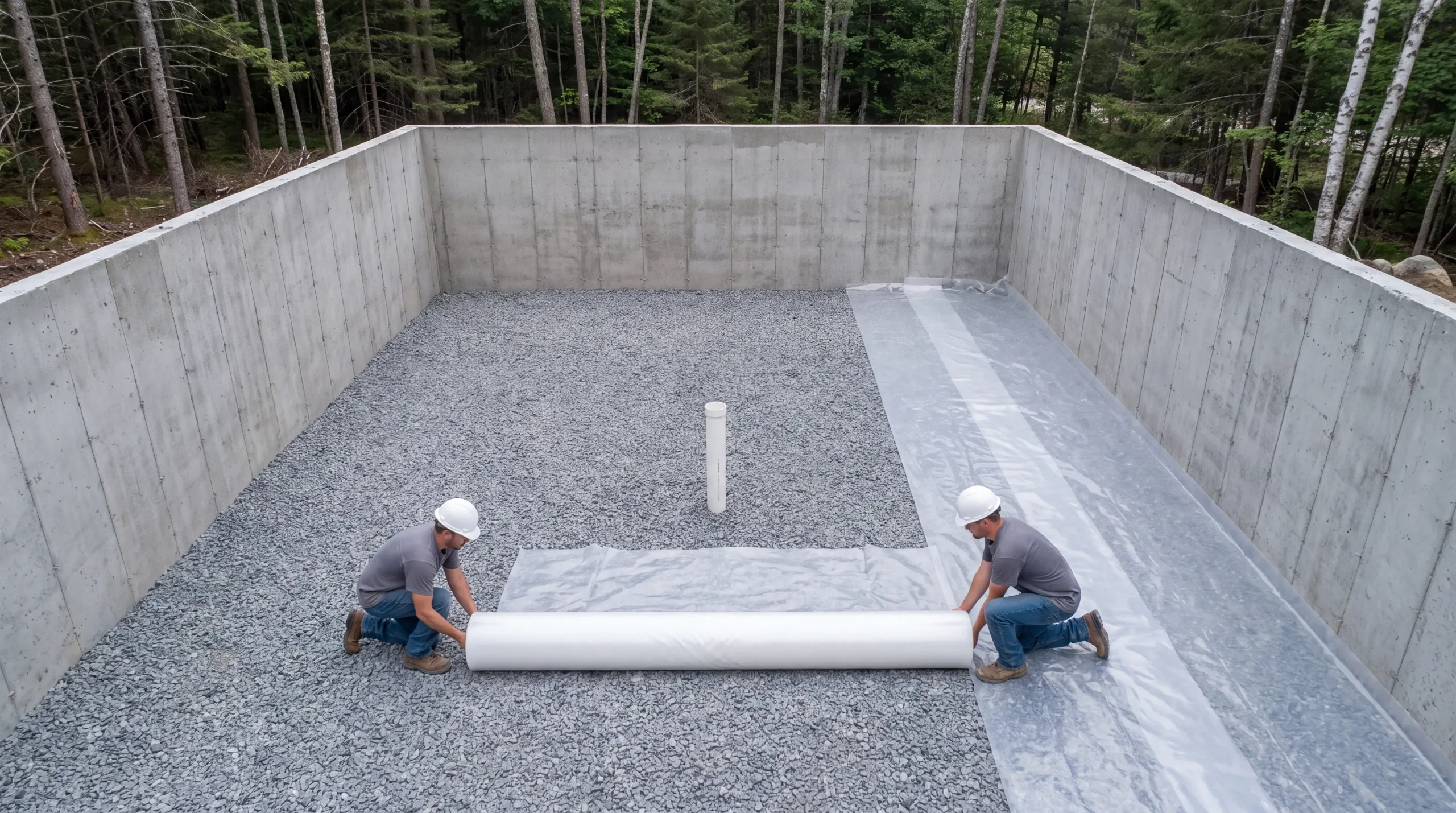 Two workers unrolling clear plastic sheeting over crushed stone inside a new poured foundation, with a radon vent pipe stub standing in the stone