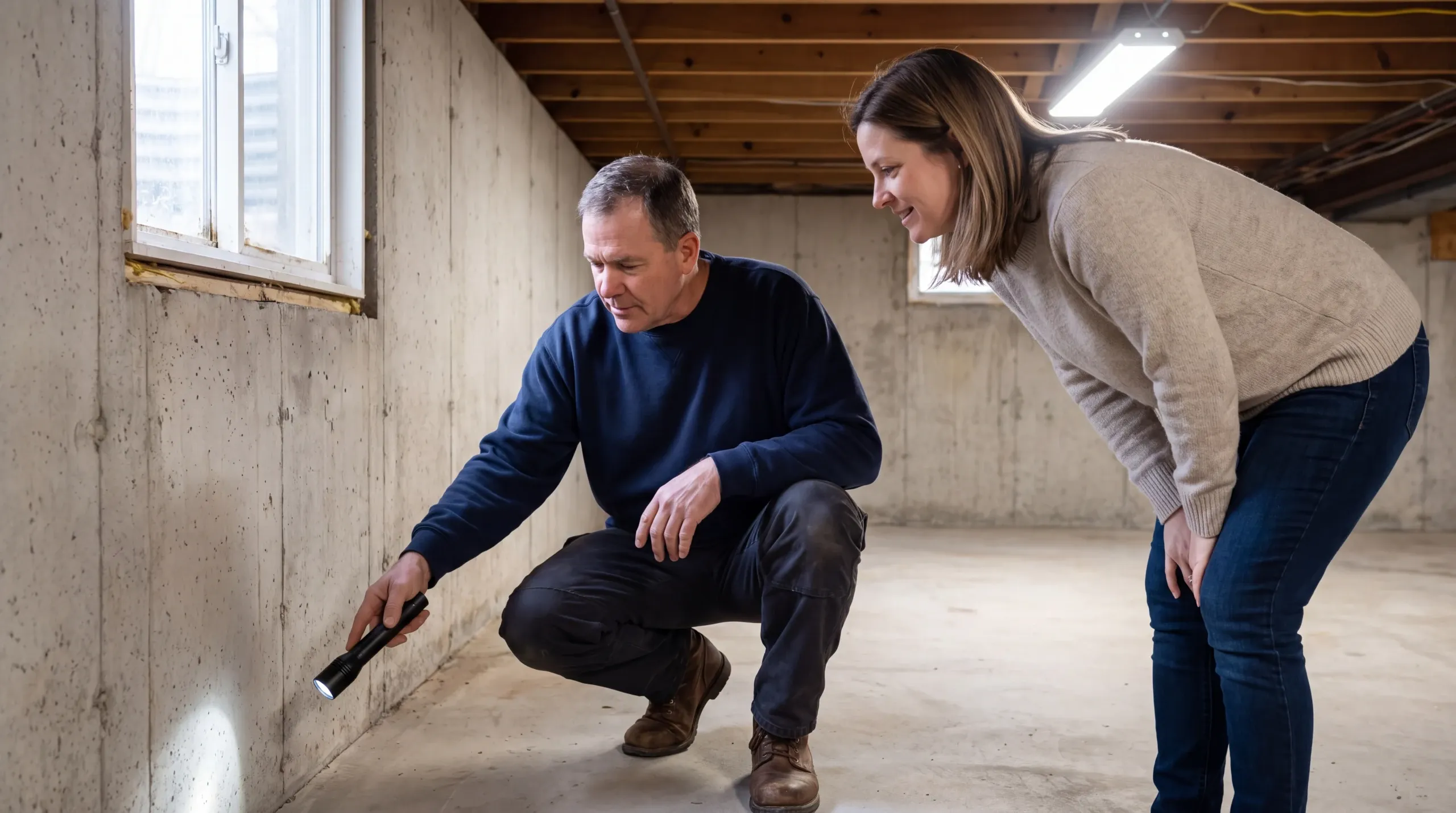 Radon contractor crouching to shine a flashlight on the slab-to-wall joint while a homeowner looks on in an unfinished Maine basement