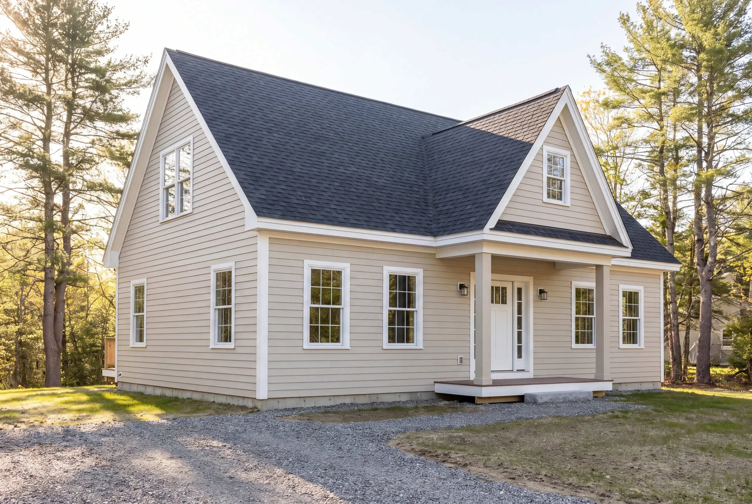 Kenneth Cox Construction referral marketing disclosure: pale beige lap-sided house with a covered entry and gravel drive in late-day sun