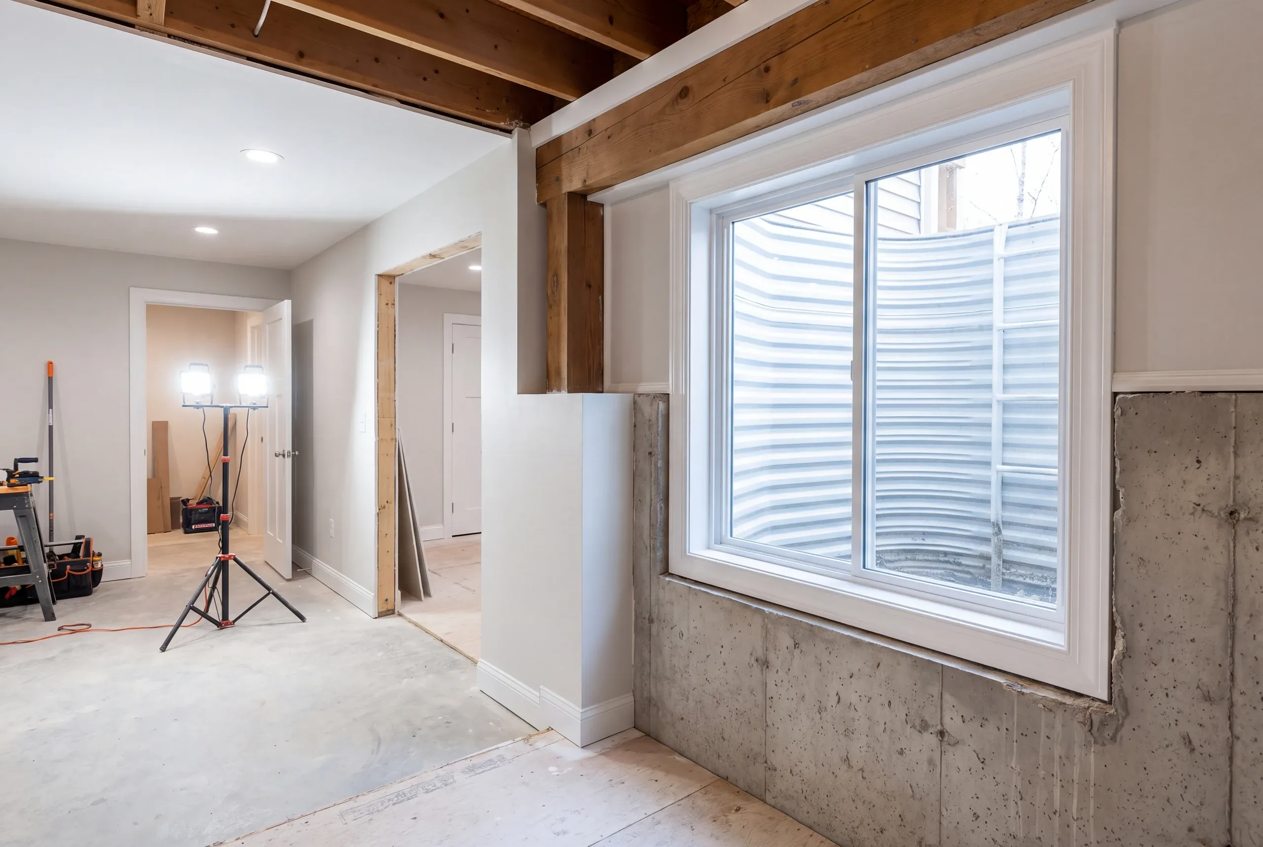 Home remodeling contractor Augusta Maine: basement egress window with a steel window well, bare concrete wall and work lights
