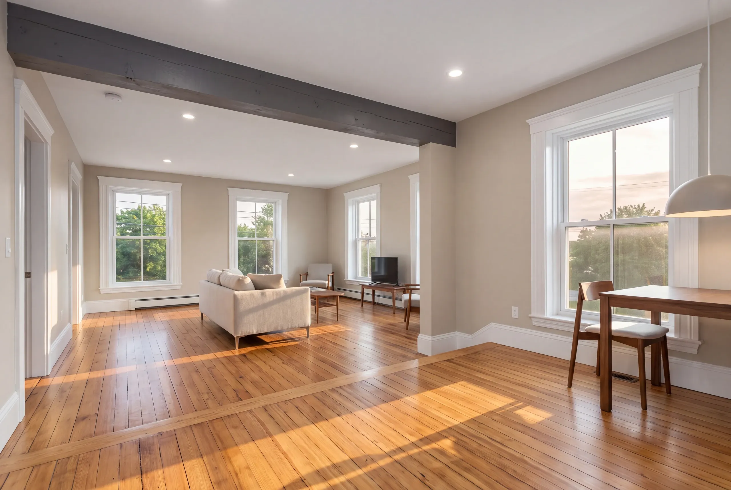 Home renovation contractor Augusta Maine: living and dining room with a dark beam, pine floors, a sofa and a table by the window