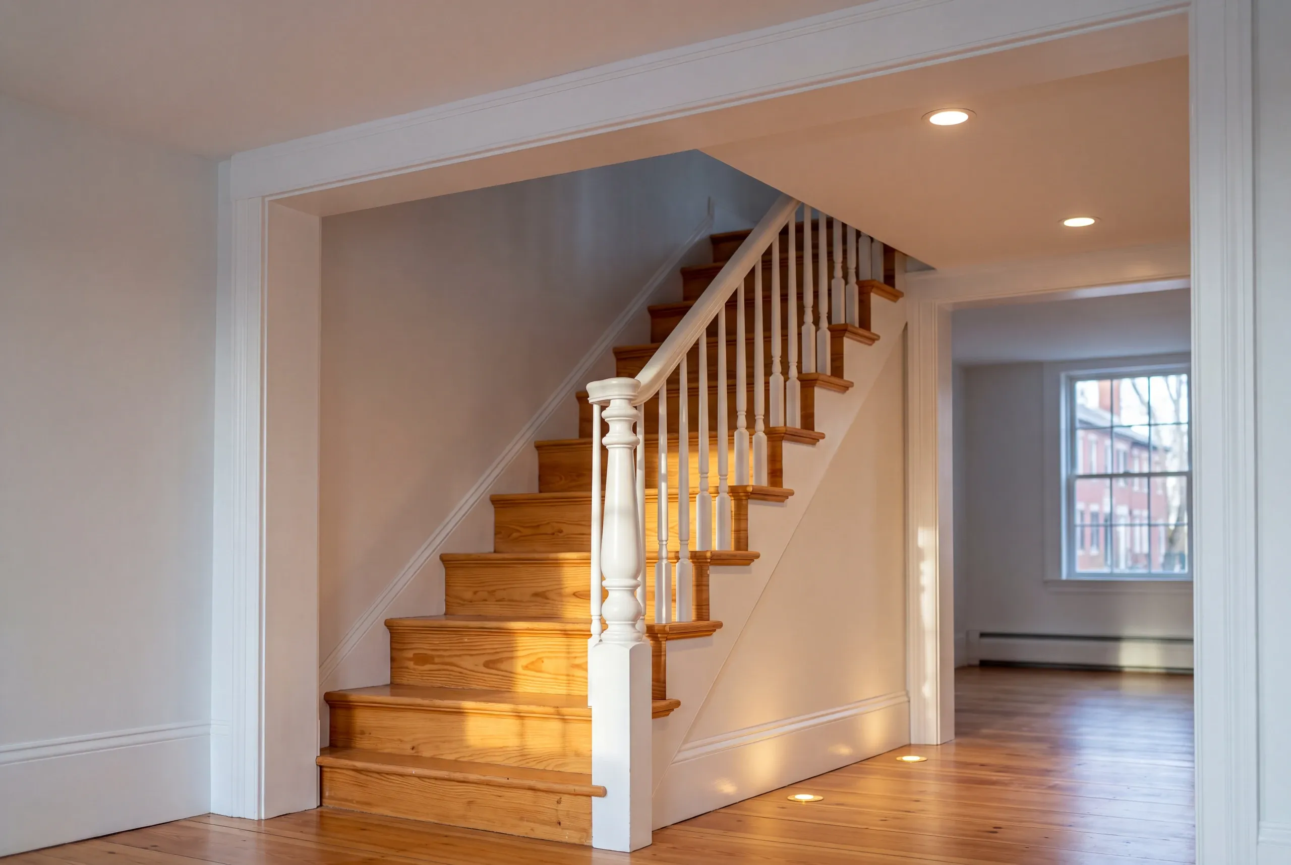 Home renovation contractor Bath Maine: oak staircase with white balusters and a turned newel framed by a wide cased opening