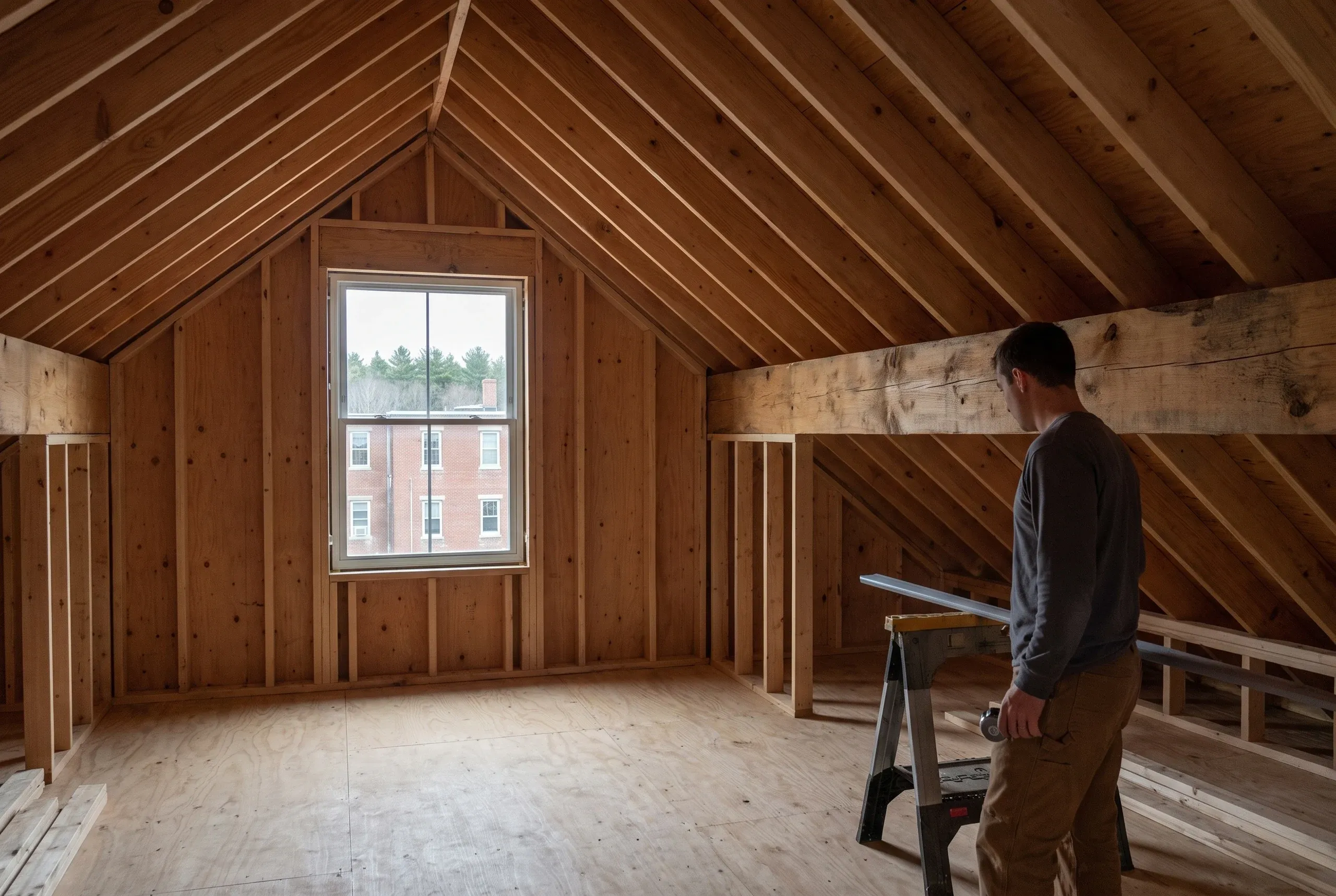 Remodeling company Bath Maine: attic with exposed rafters, a rough beam and new knee wall framing, its gable window facing a brick building