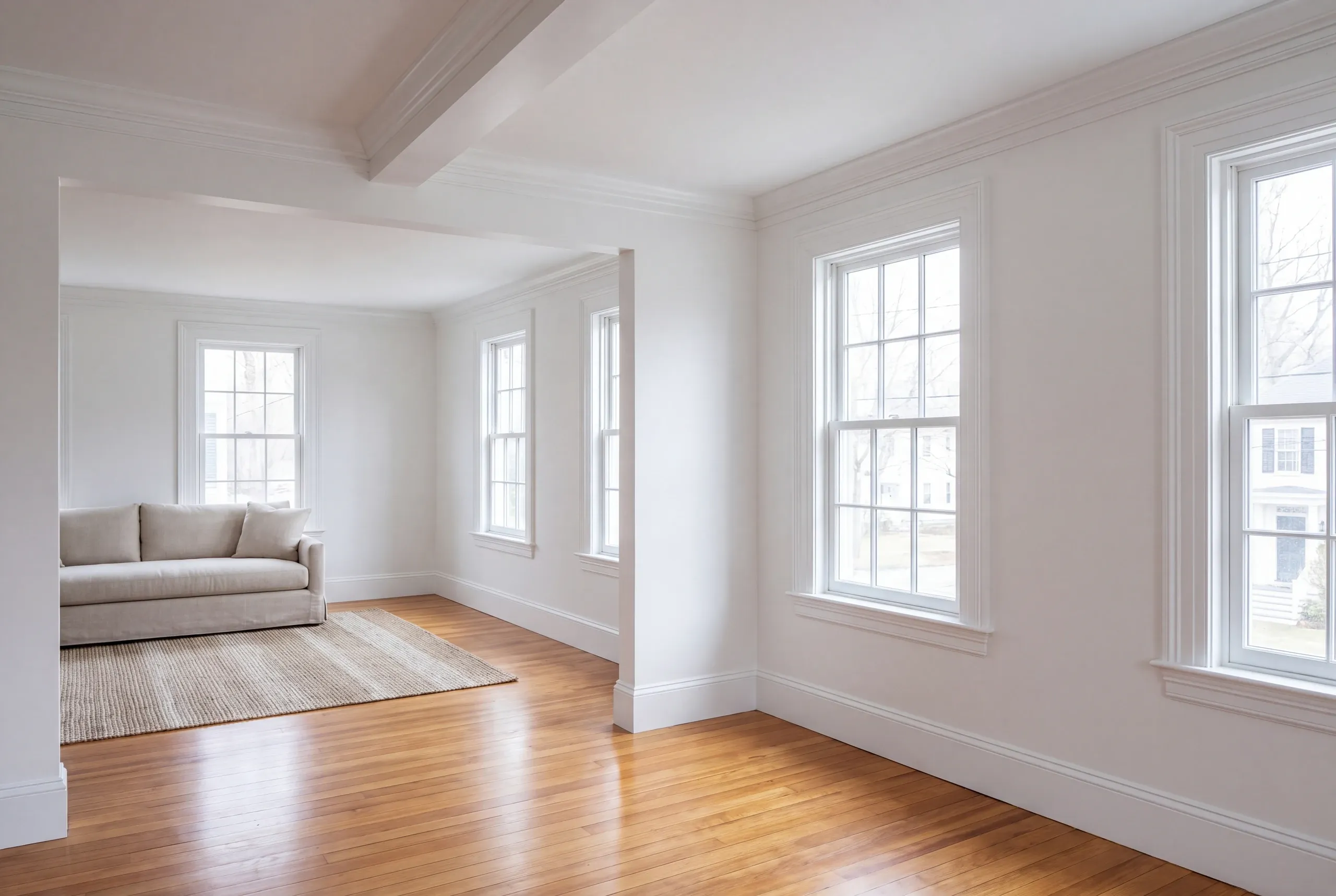 Home renovation contractor Bath Maine: living room with a boxed white beam, deep window casings, a linen sofa and jute rug