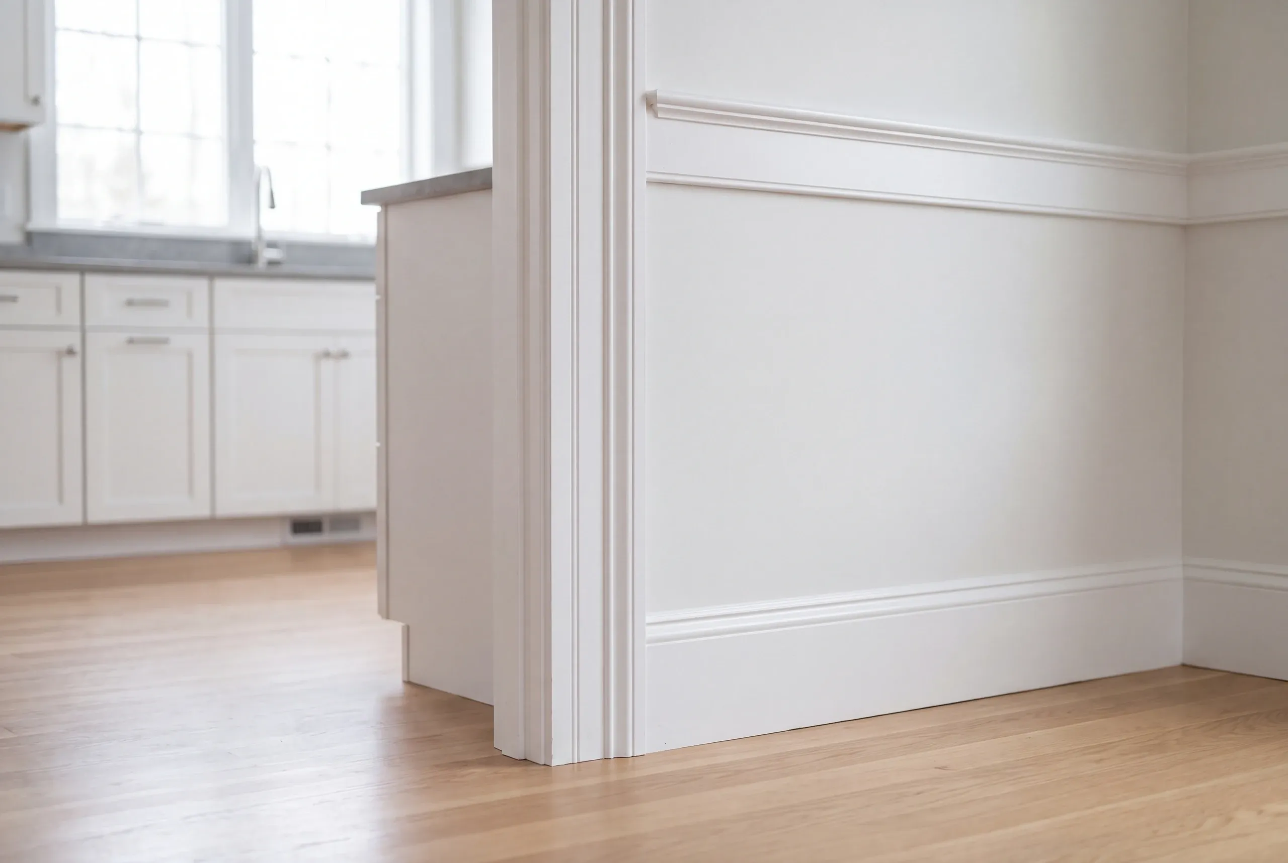 Home renovation contractor Belfast Maine: wainscot wall with a chair rail and tall baseboard beside white kitchen cabinets