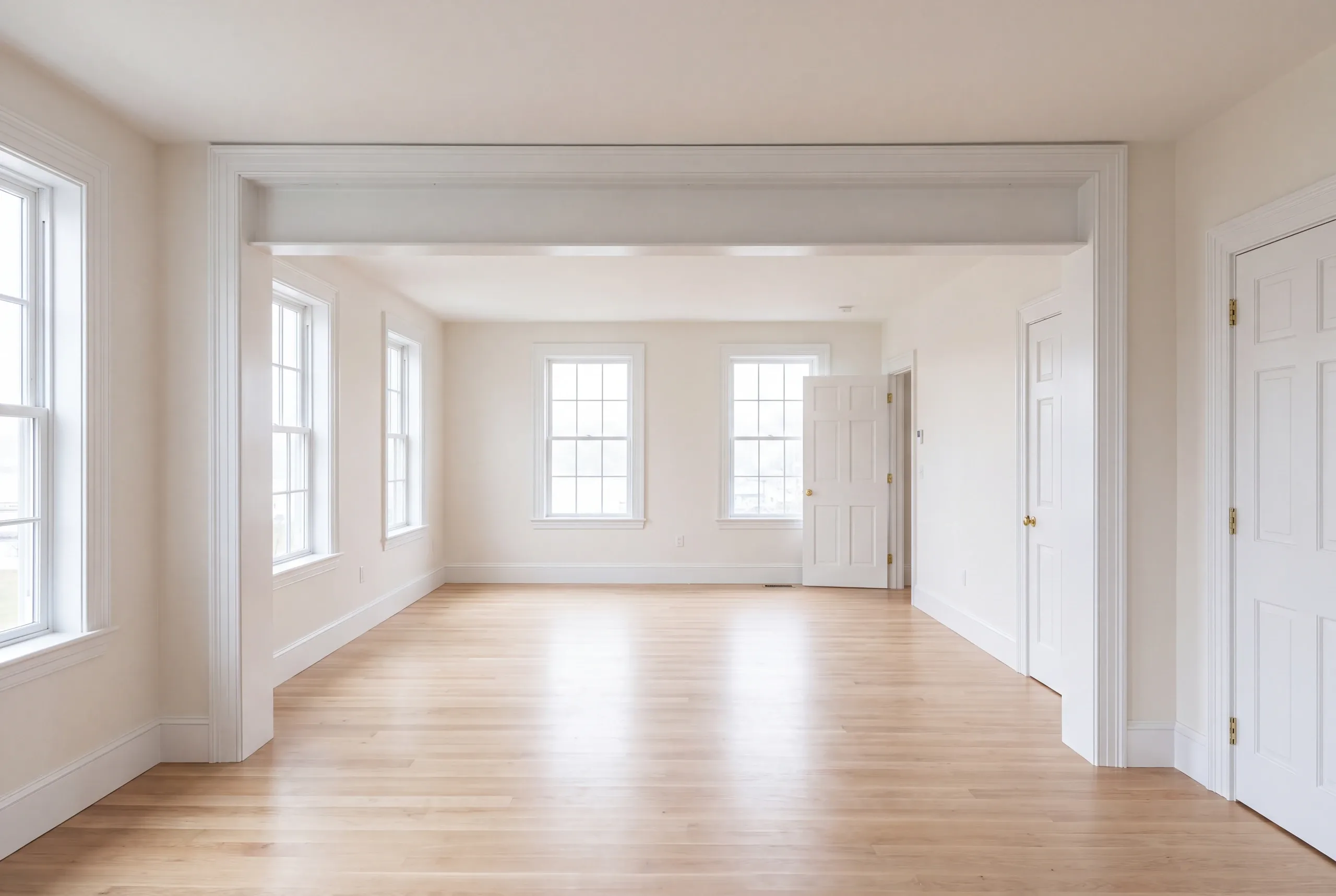Remodeling company Belfast Maine: wide cased opening with a flush white beam joining two empty rooms with many windows