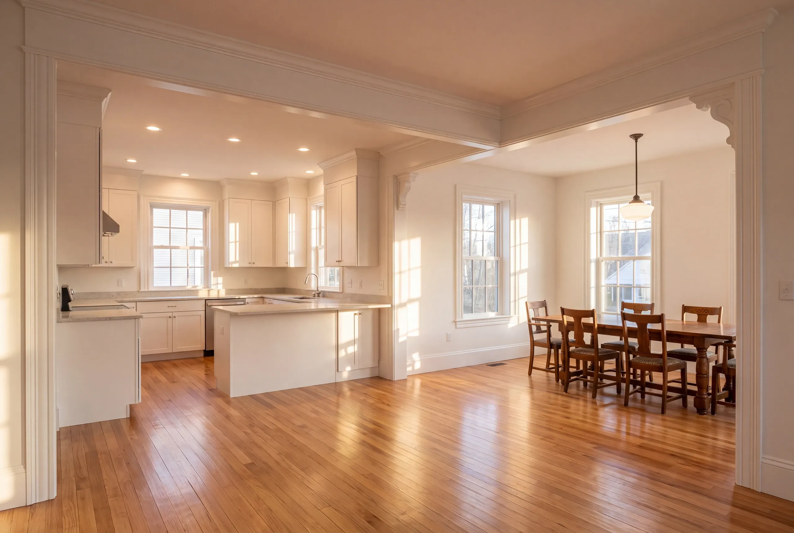 Home renovation contractor Belfast Maine: open kitchen and dining room with white cabinets, corbels and a wood table