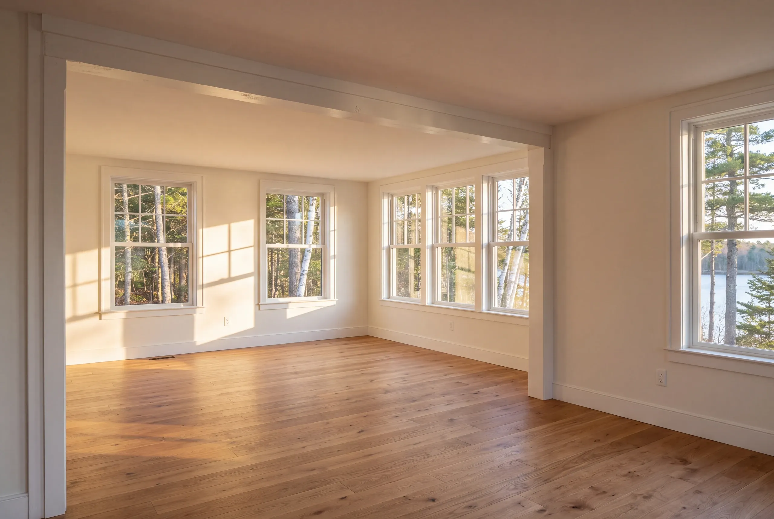Remodeling company Bucksport Maine: bright corner room with walls of double-hung windows overlooking trees and water
