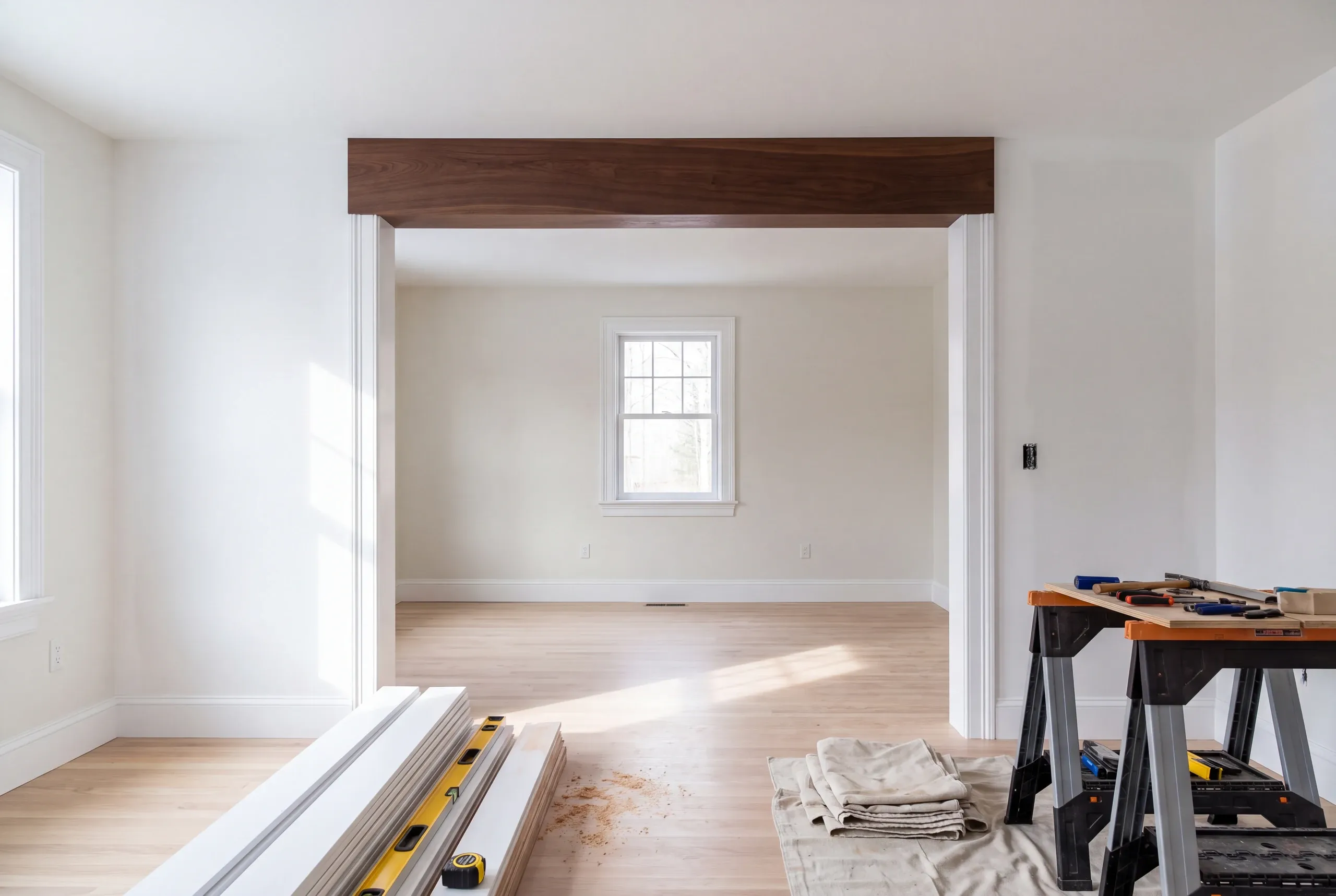 Home remodeling contractor Bucksport Maine: dark stained header over a widened opening with sawhorses, tools and trim on the floor