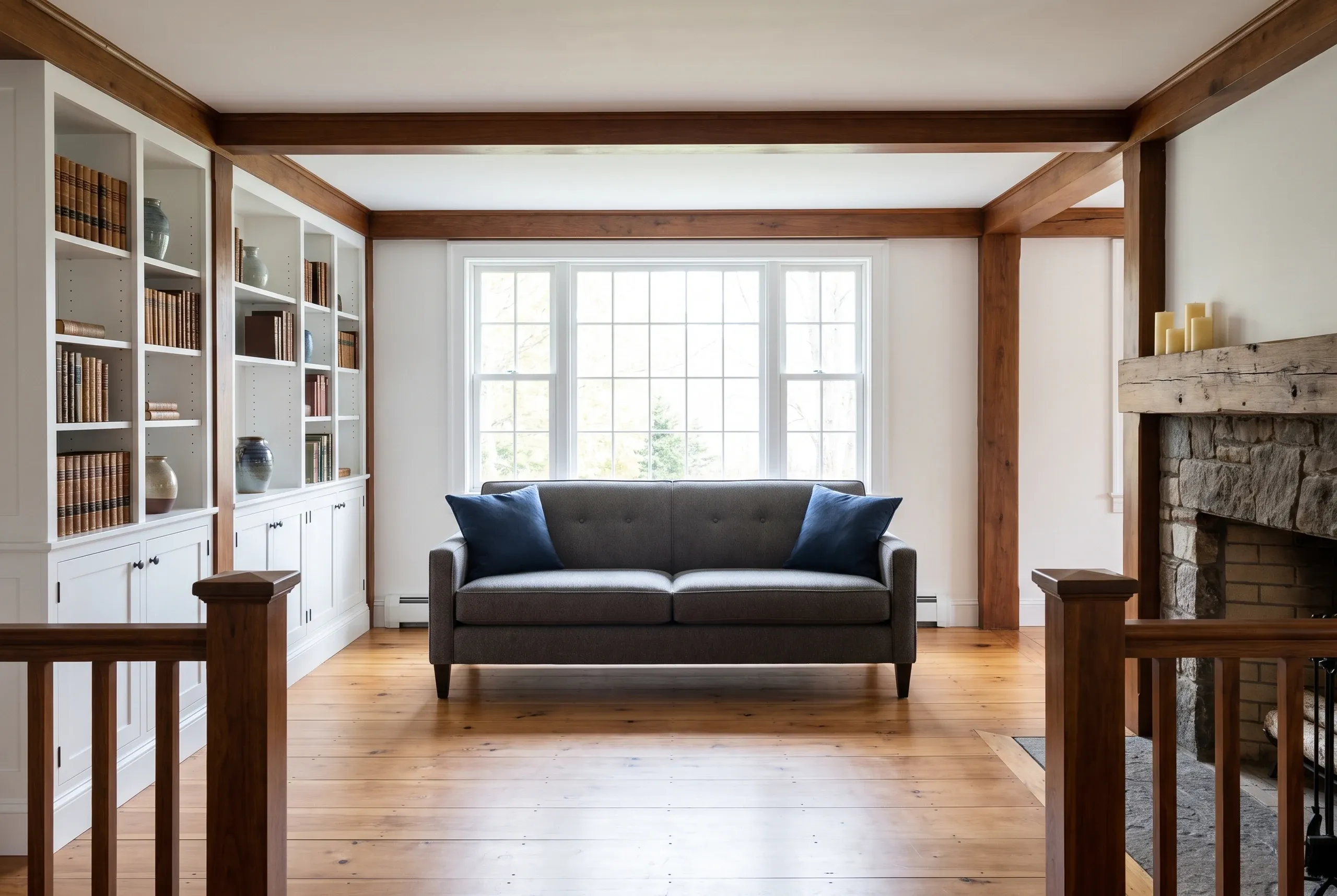Home remodeling in Camden, ME: remodeled living room with timber-frame beams, bookshelves, stone fireplace and a bay window