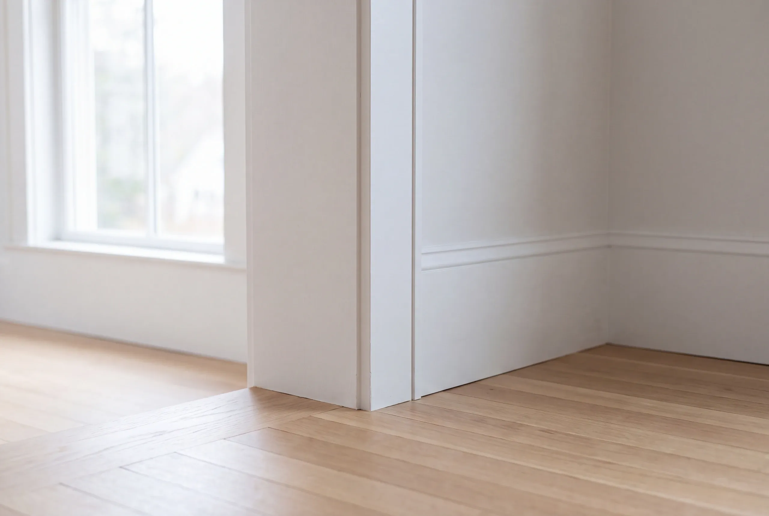Home renovation contractor Camden Maine: doorway corner with a flush oak floor transition, tall baseboard and a window